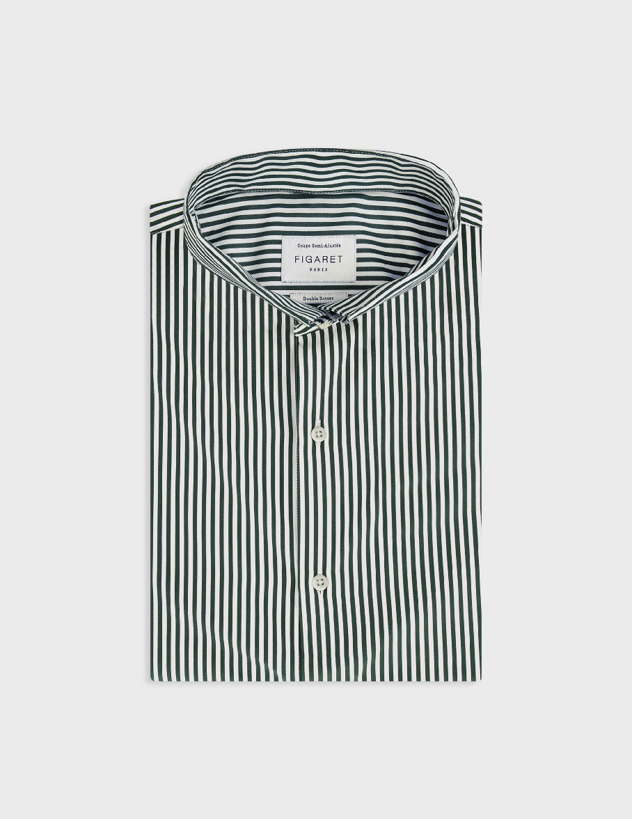 Chemise col inversé en popeline rayée vert