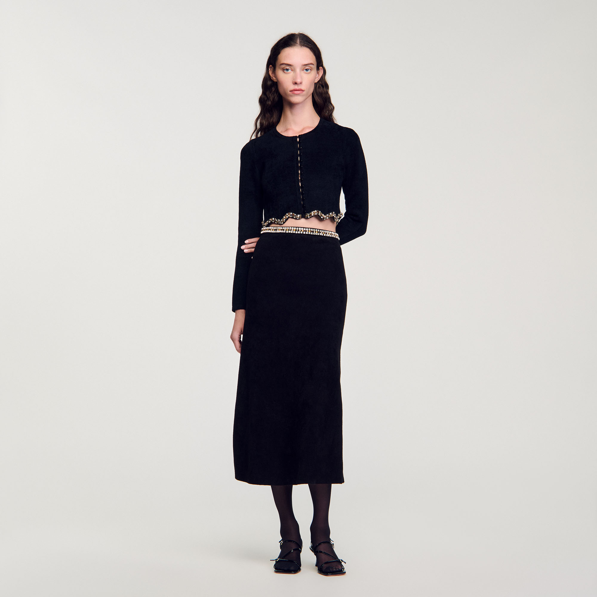 Cardigan court en maille velours strassé