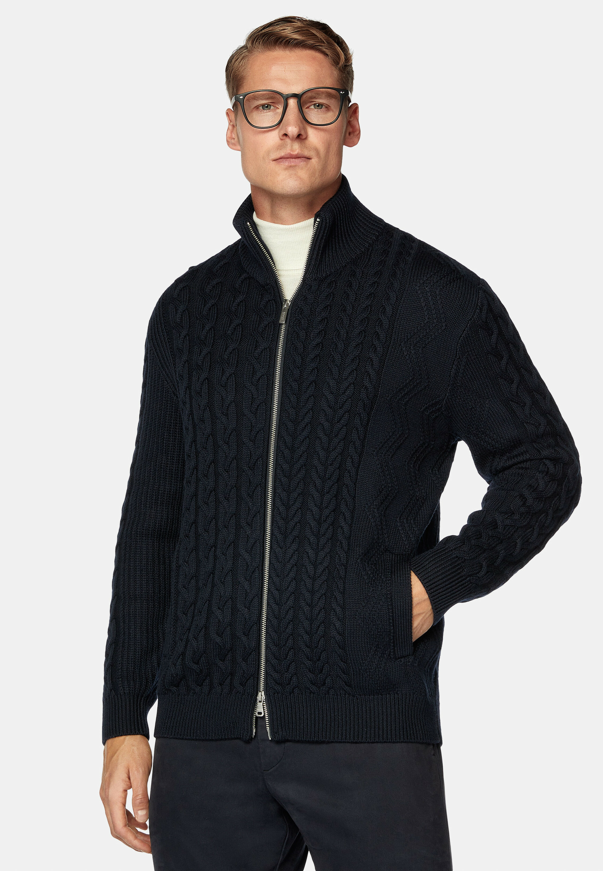 Pull Full Zip Bleu Marine Avec Mélange De Points En Laine Mérinos