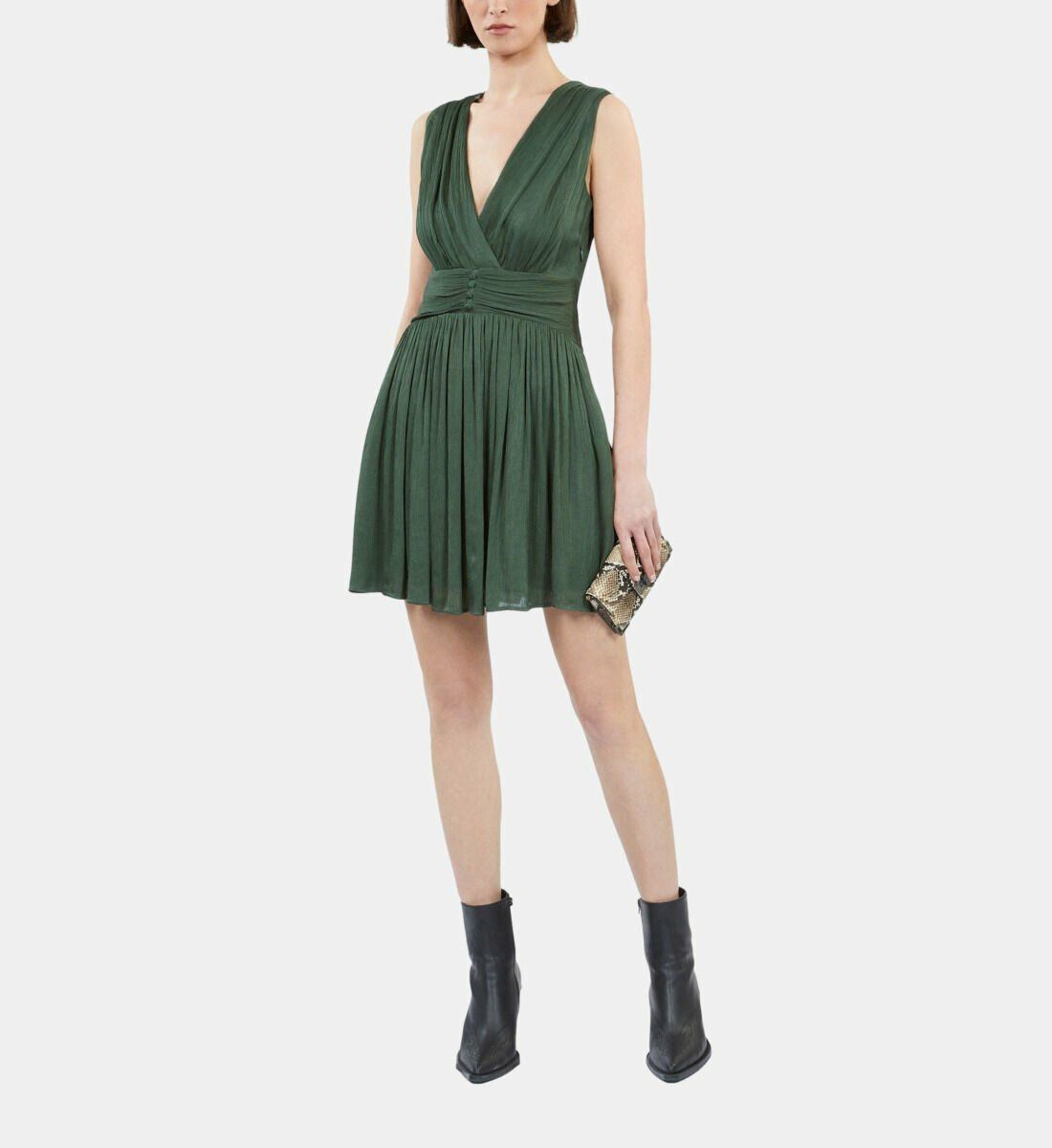 Robe Courte Tissu Crinkle Verte Femme
