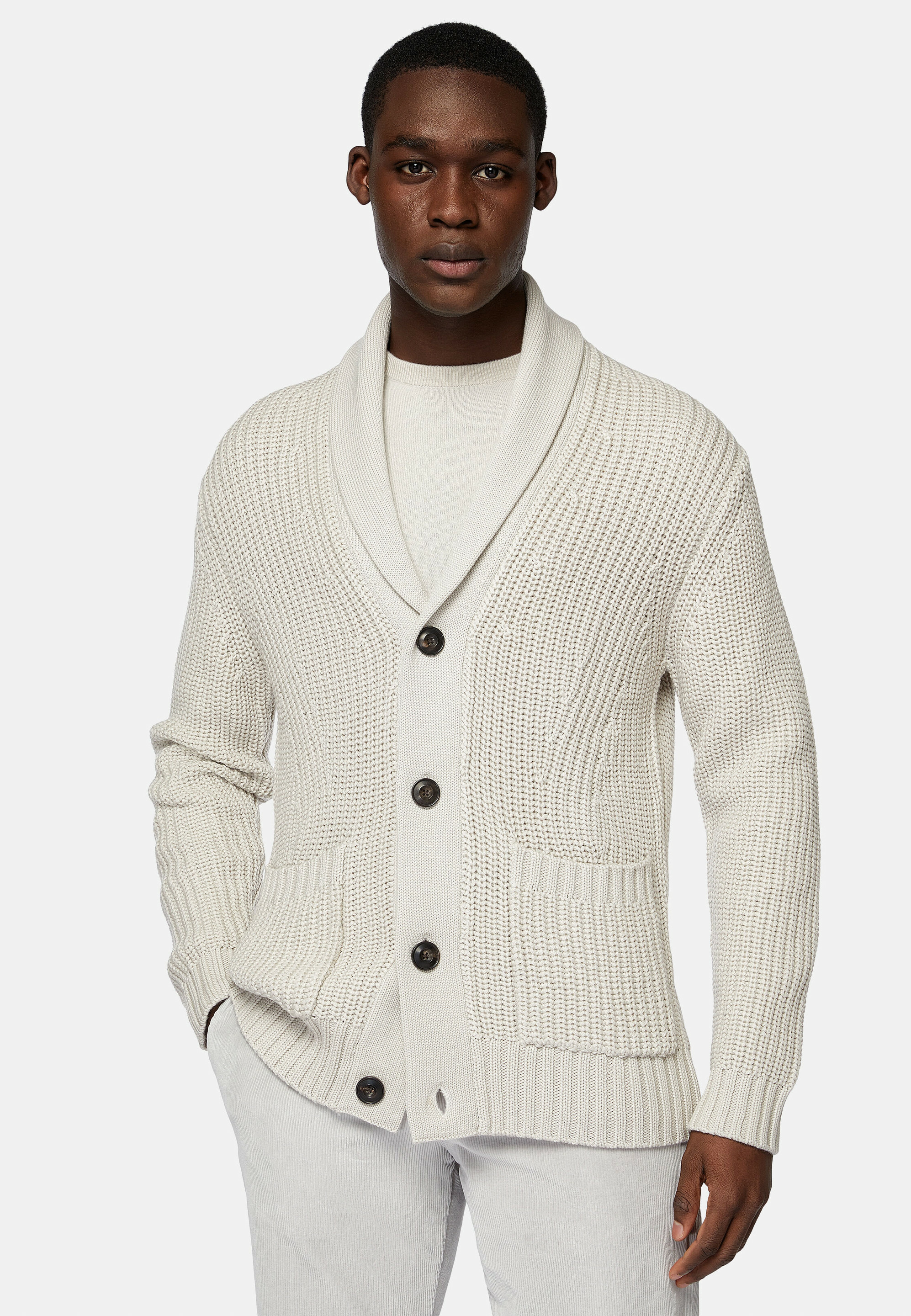 Cardigan Sable À Col Châle En Laine Mérinos