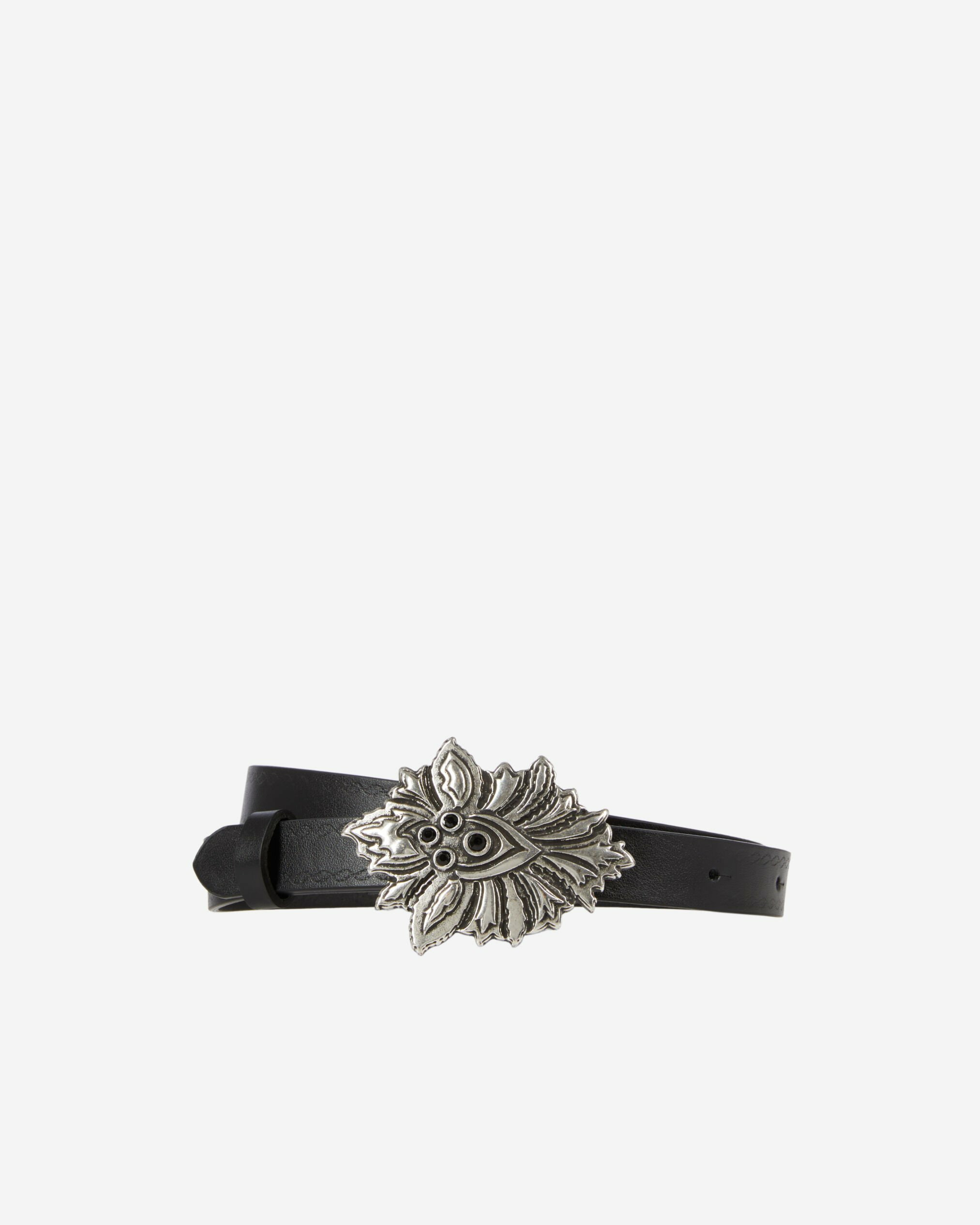 Ceinture Fine En Cuir Noir Avec Boucle Fleur