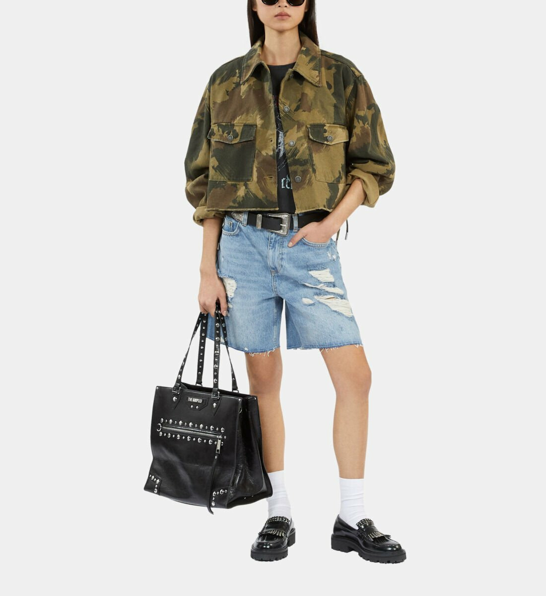 Blouson Court En Denim Camouflage Femme