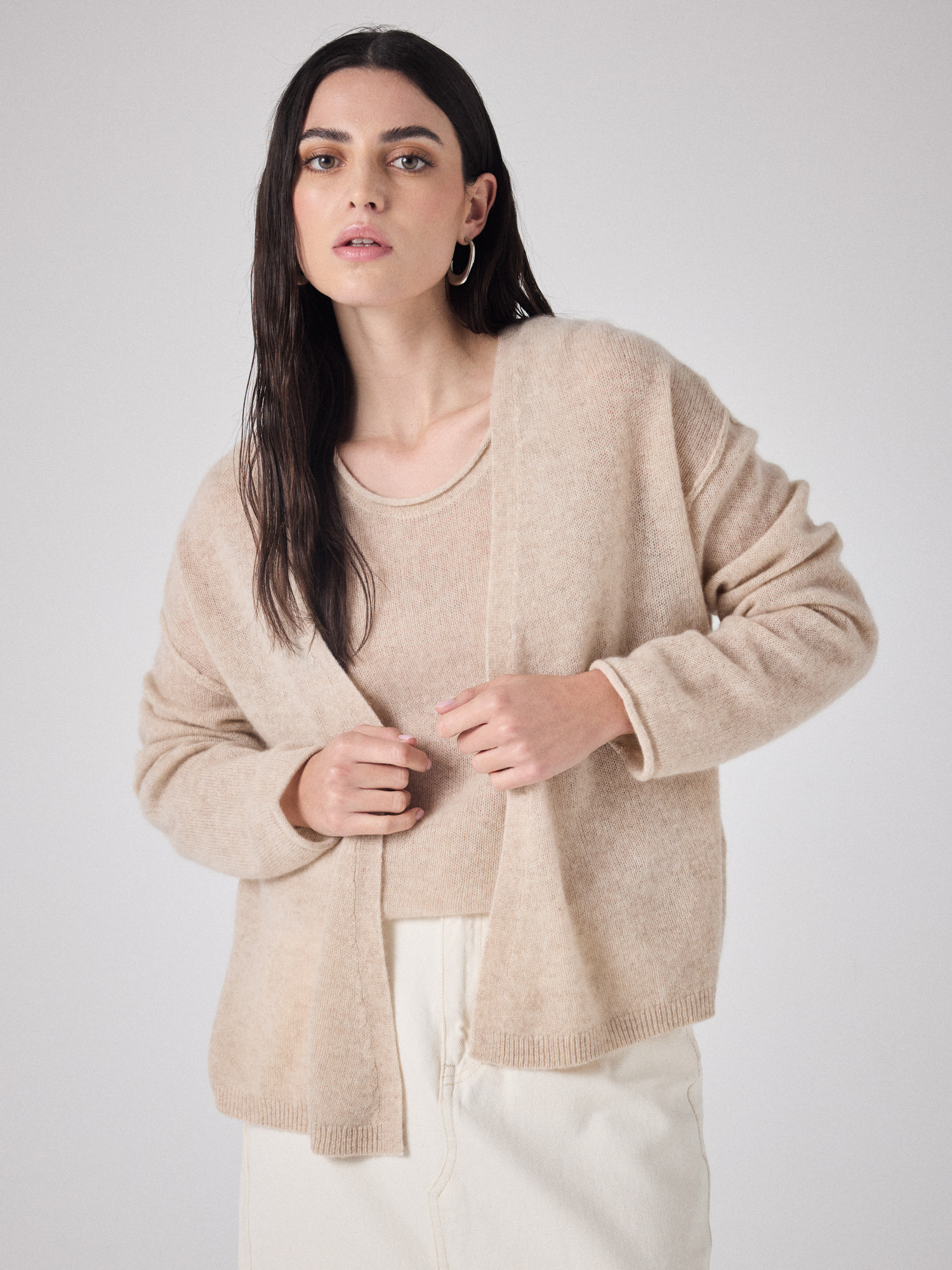GILET COL V ML OEDIPE BEIGE_CHINE