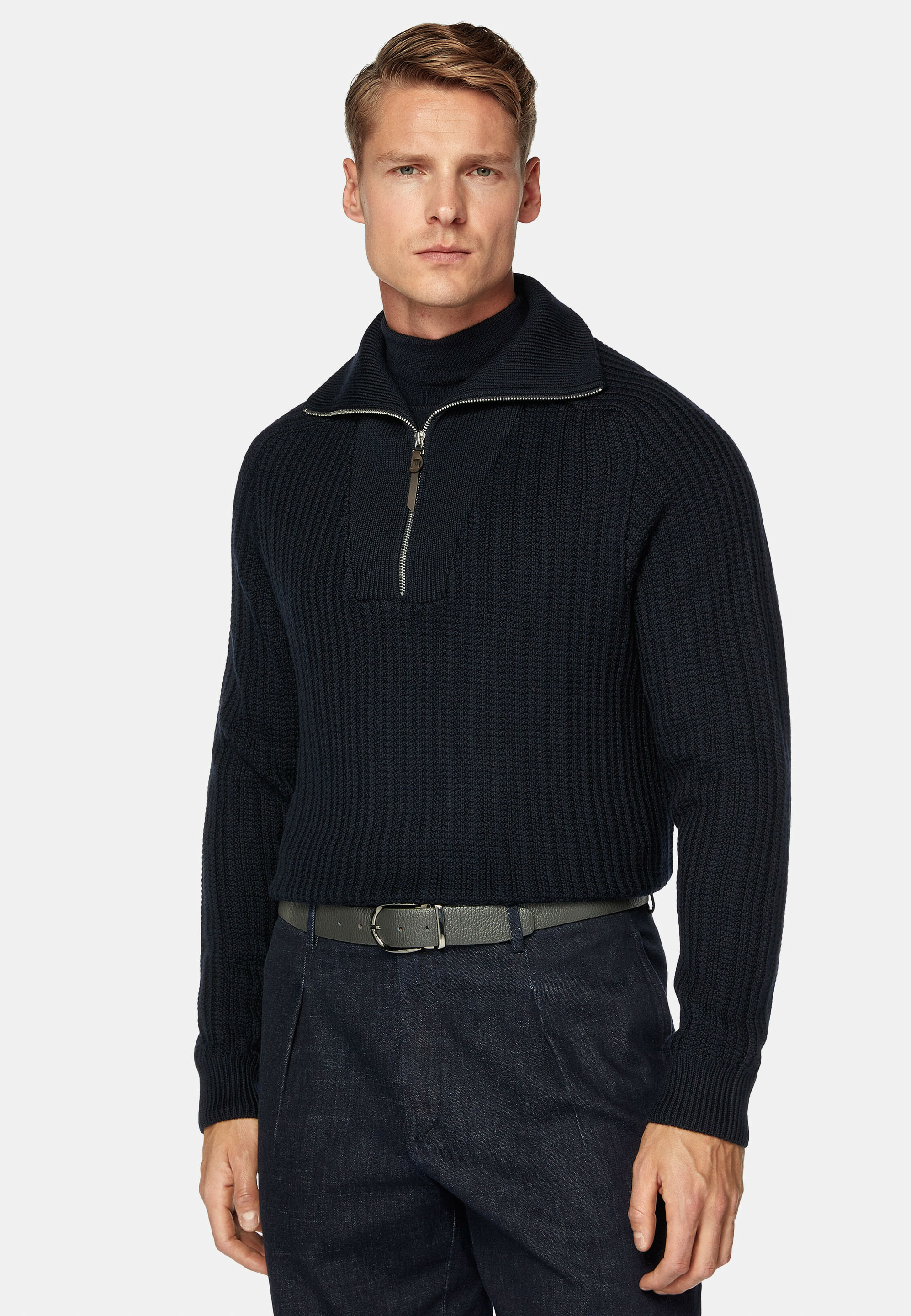 Pull Demi Zip Bleu Marine En Laine Mérinos