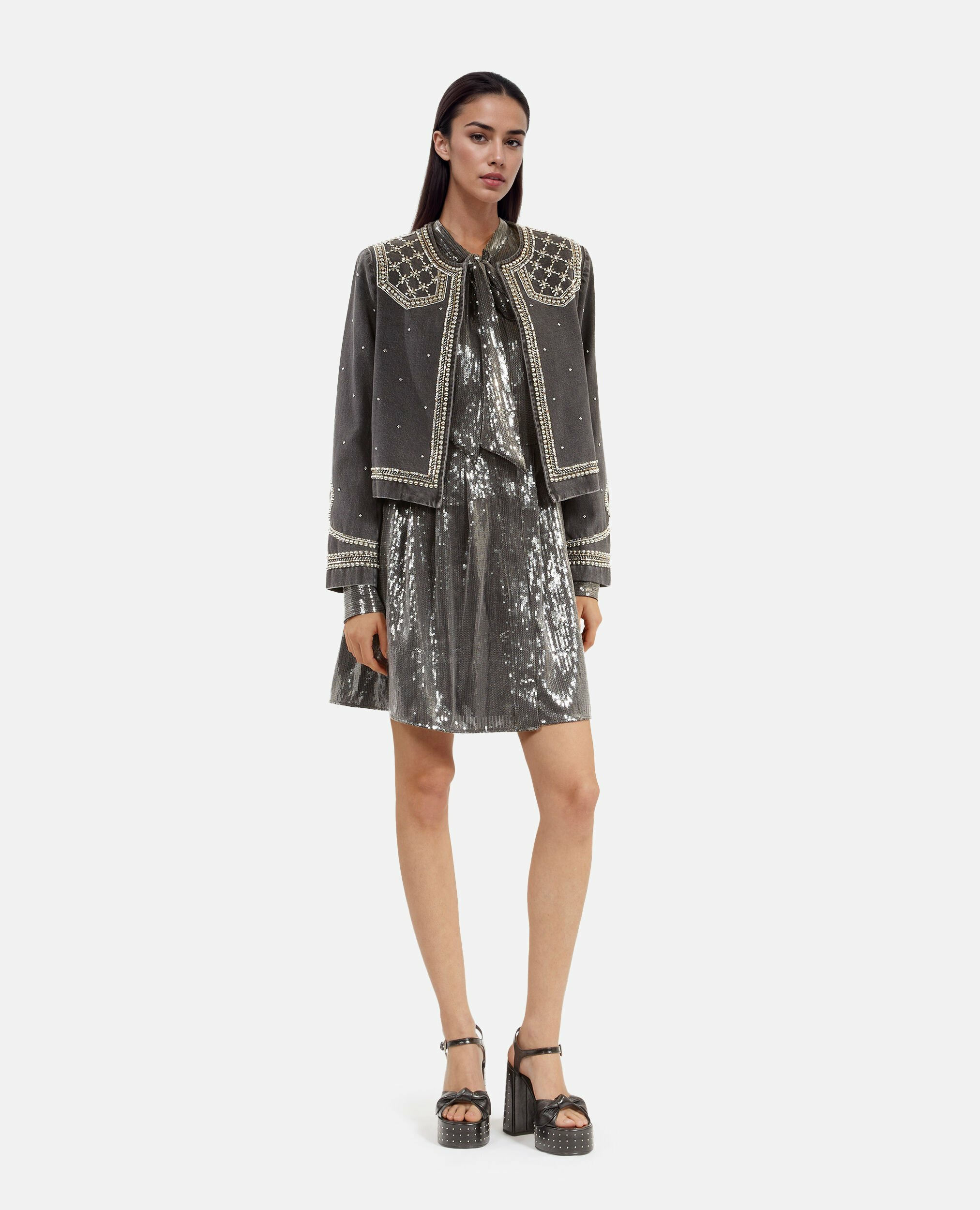 Robe Courte À Sequins Grise Femme
