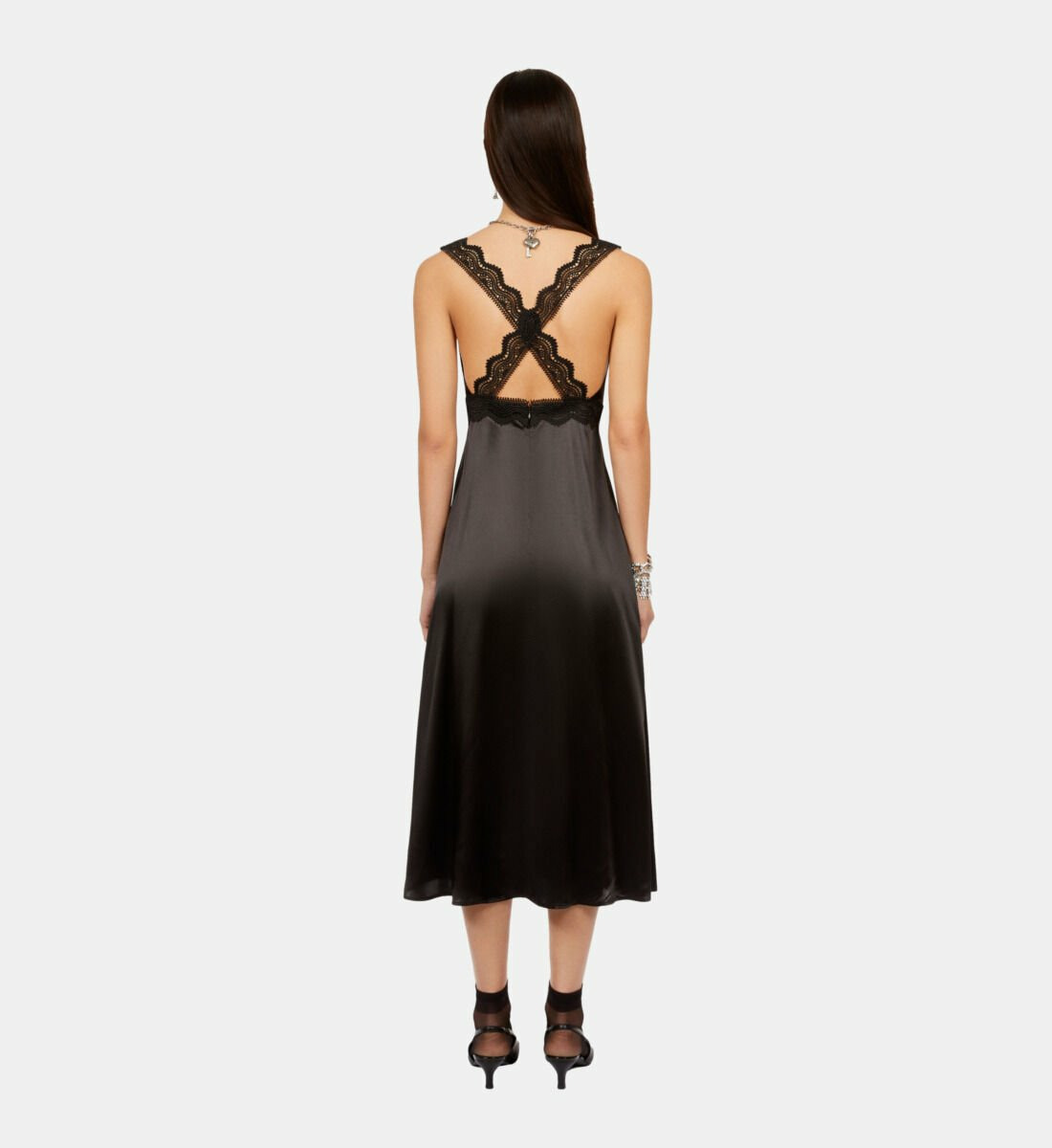 Robe Nuisette Longue Noire Avec Guipure Femme