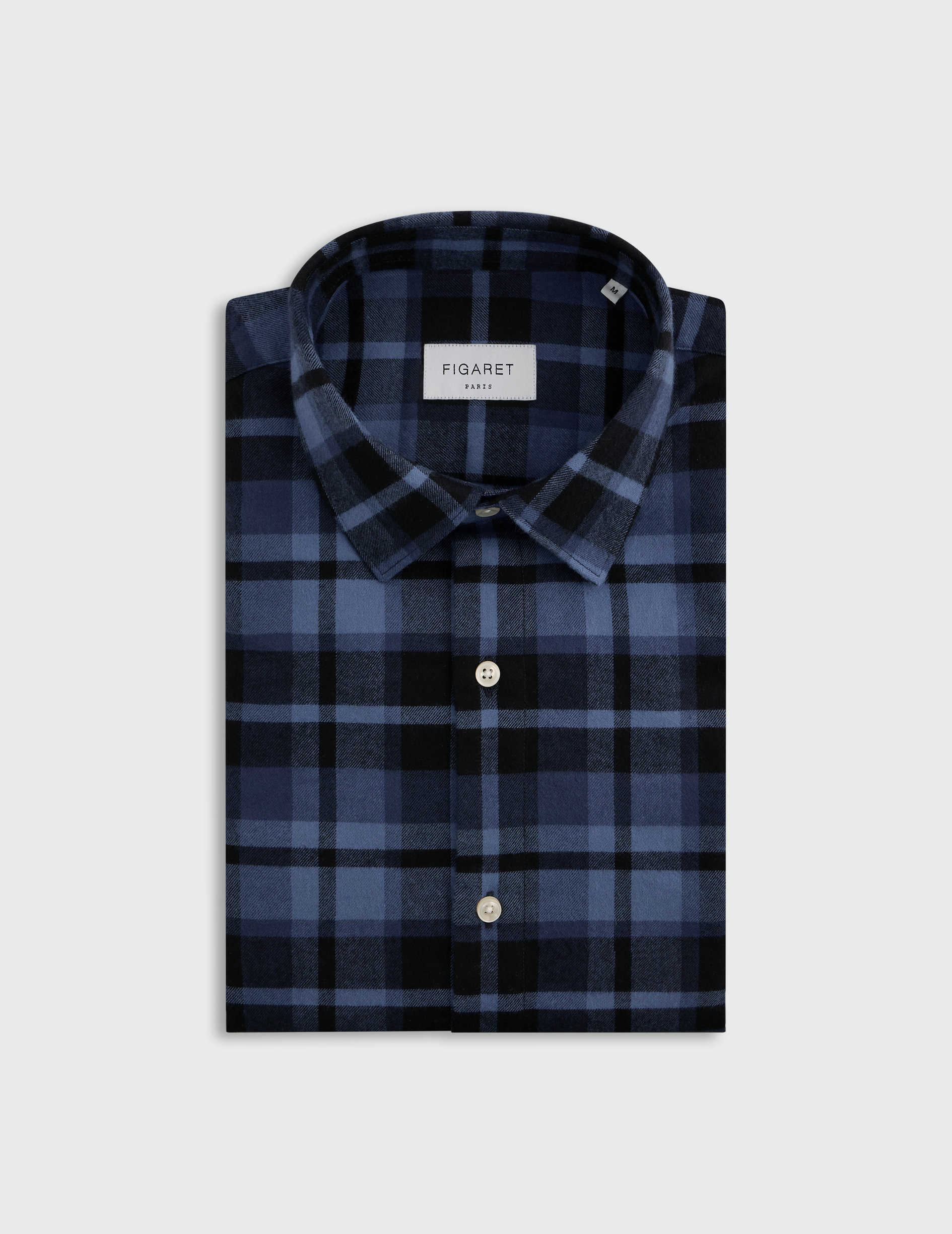 Chemise auguste col français en flanelle de coton à carreaux marine