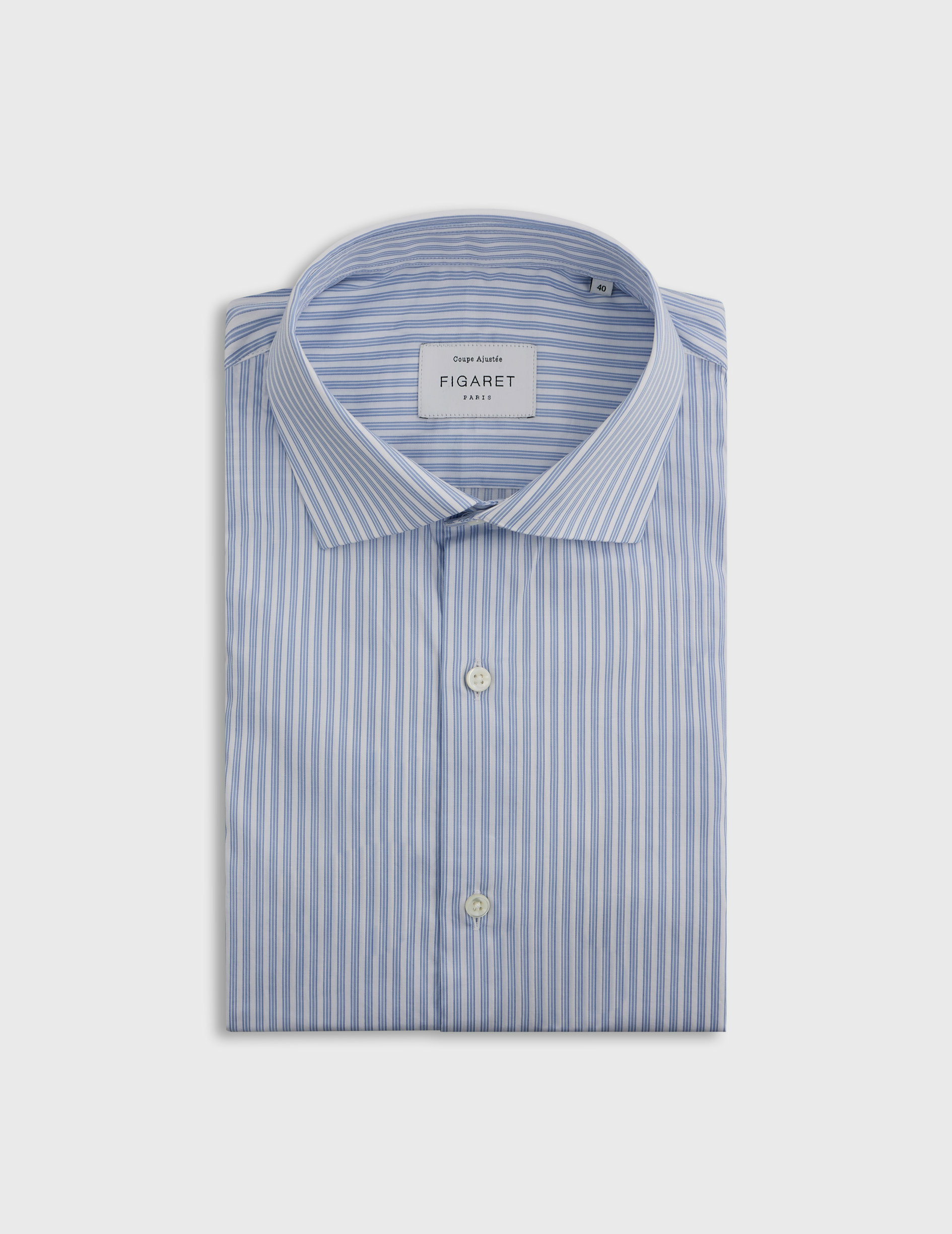 Chemise col figaret en twill de coton rayé bleu