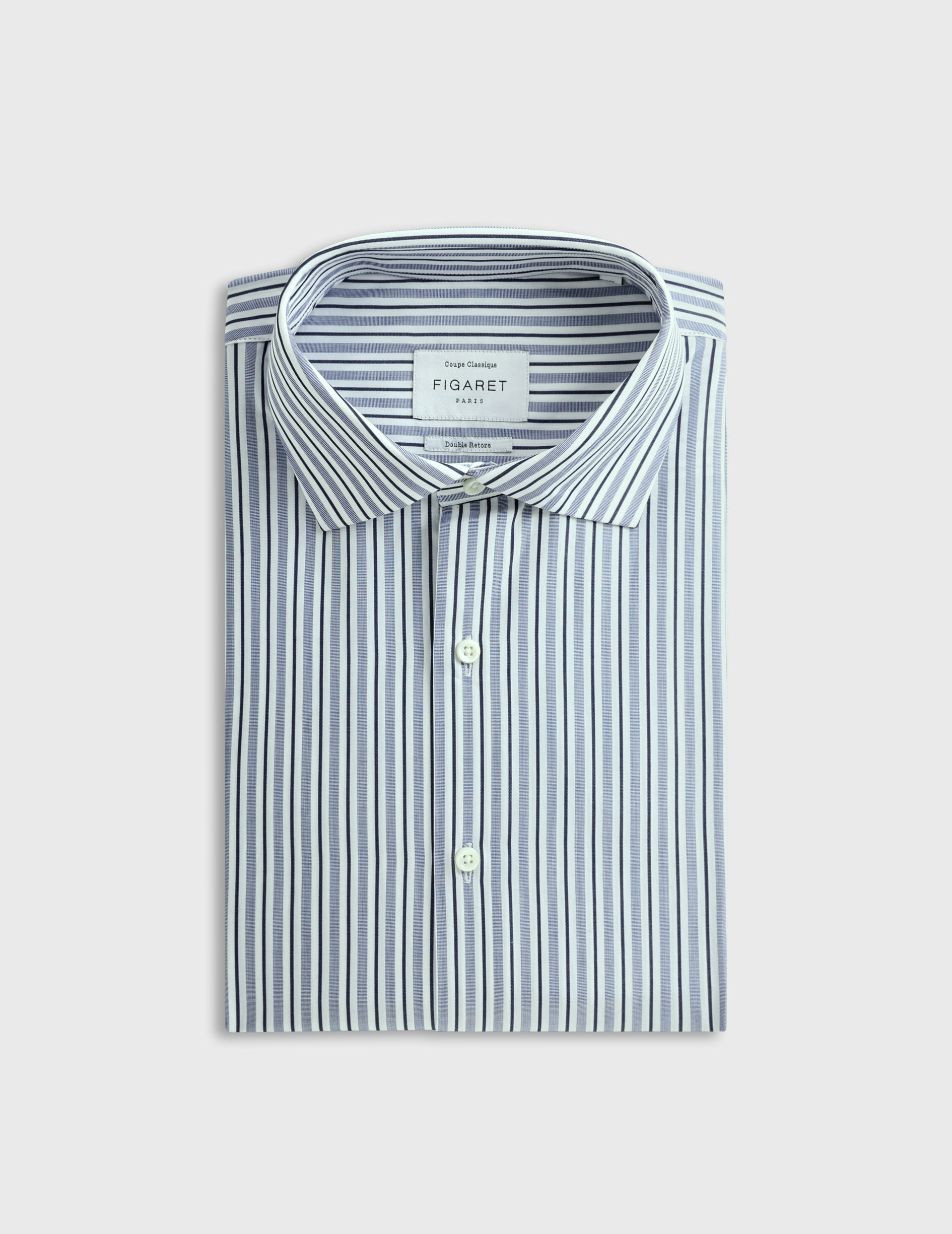 Chemise col italien en popeline rayée marine