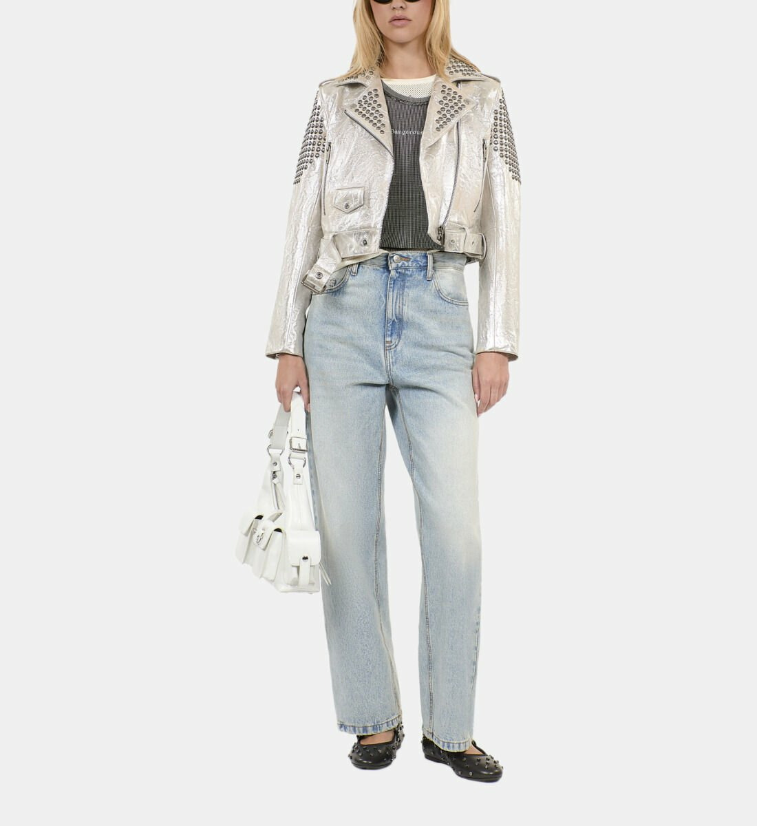 Blouson Clouté En Cuir Argenté Femme