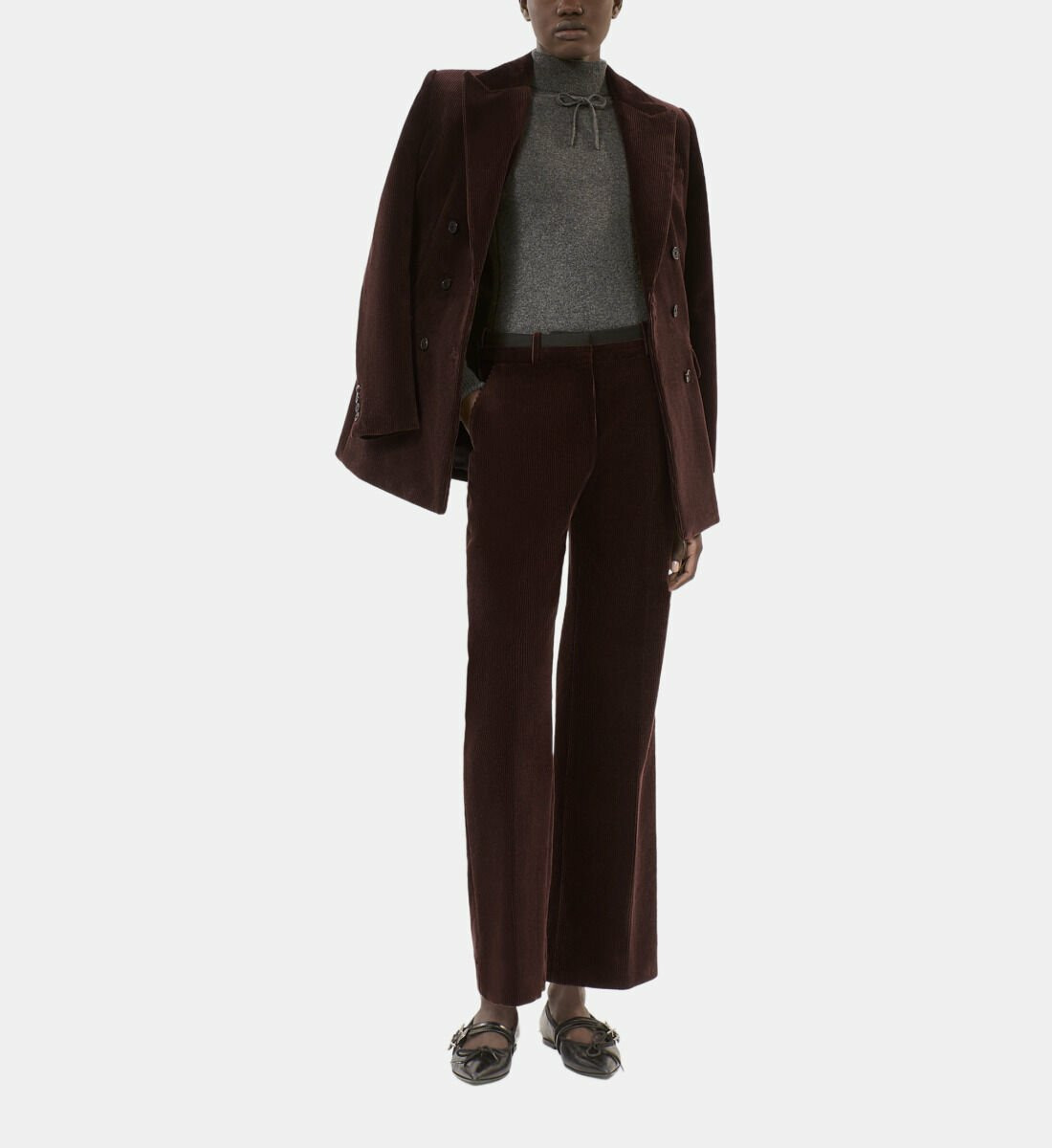 Pantalon Tailleur Droit En Velours Côtelé Marron Femme