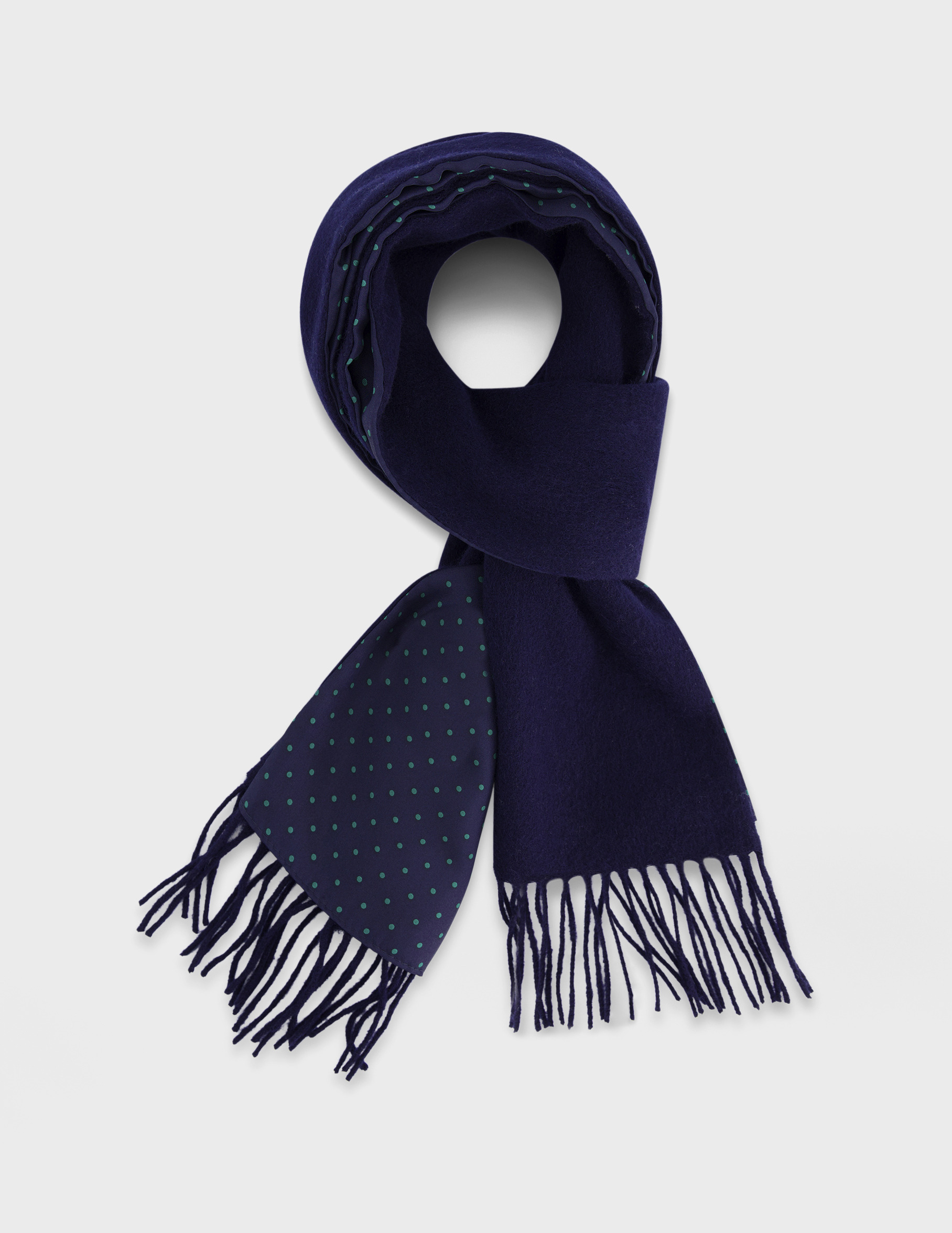 Echarpe double face en soie à pois vert et laine unie marine