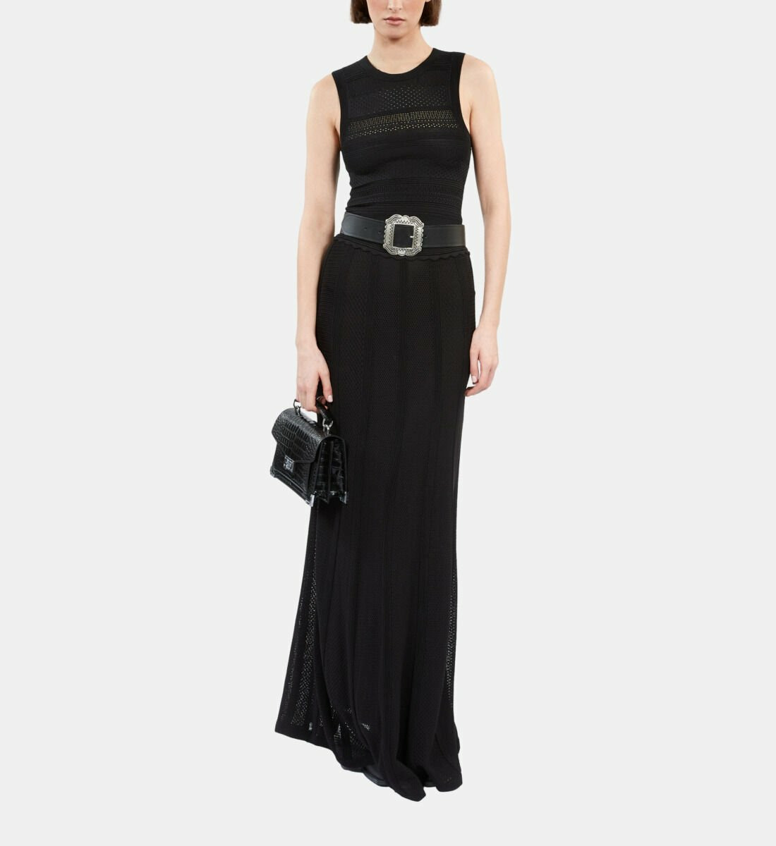 Jupe Longue Noire En Maille Ajourée Femme