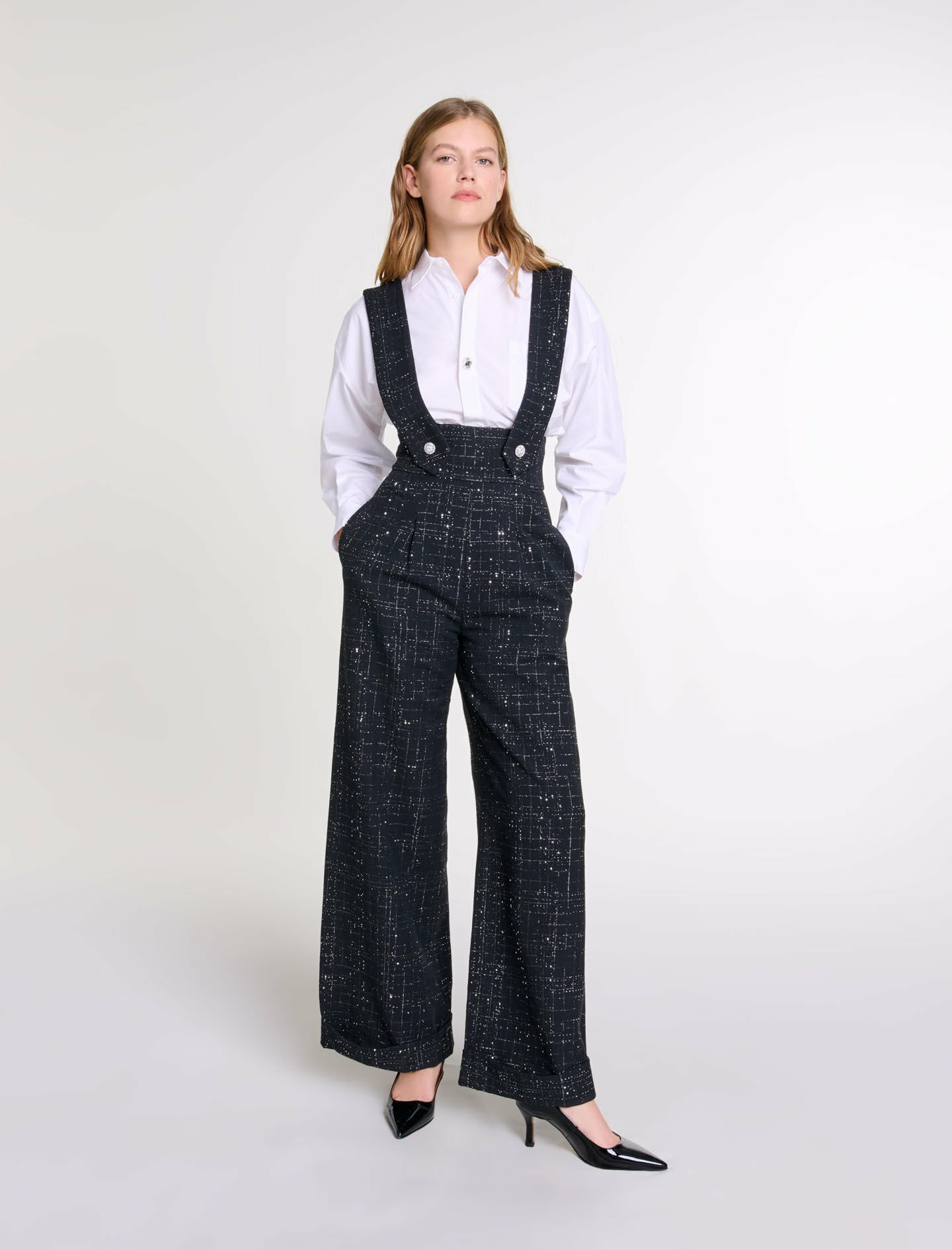 Pantalon large à bretelles en tweed