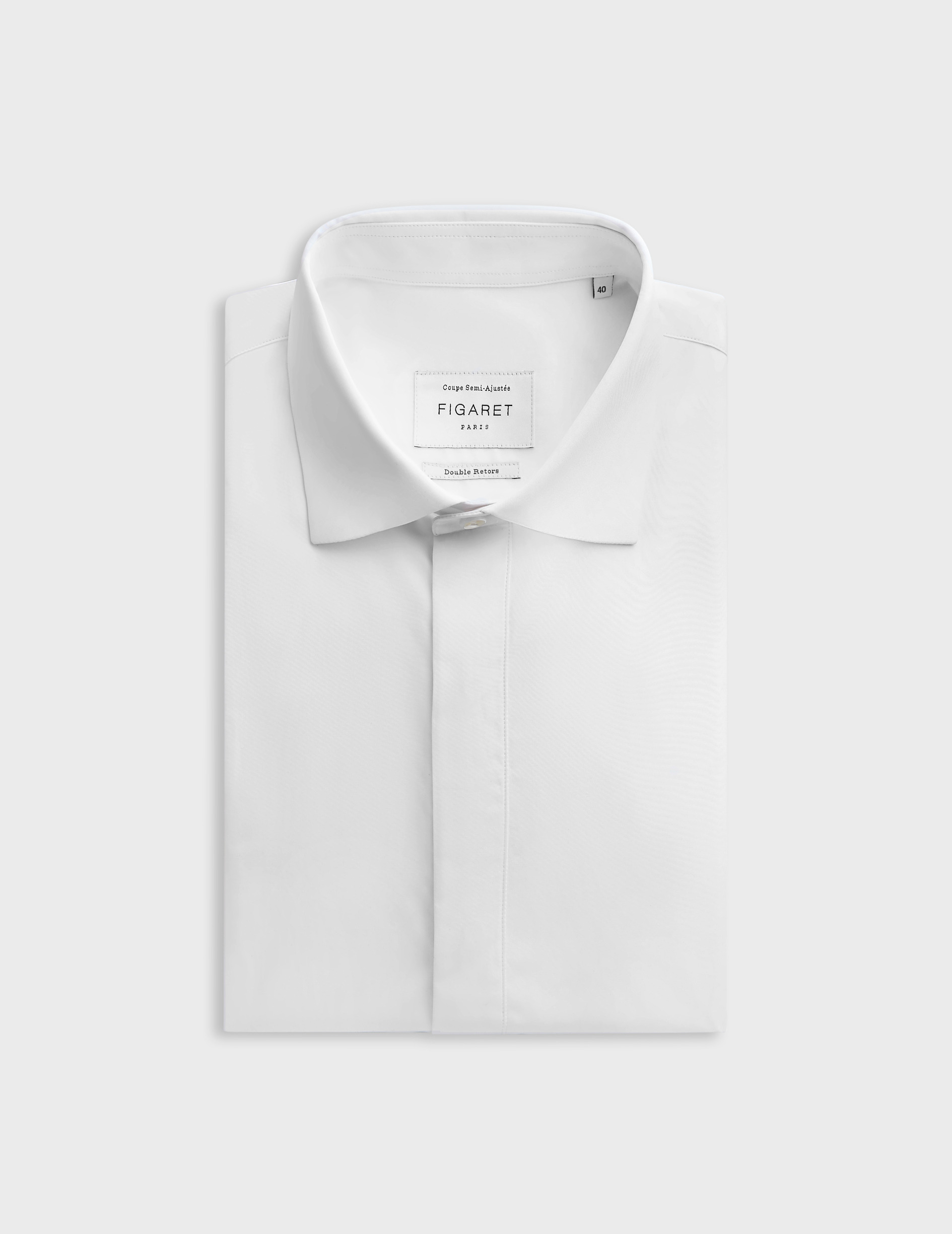 Chemise col italien avec gorge cachée et plastron en popeline unie blanc