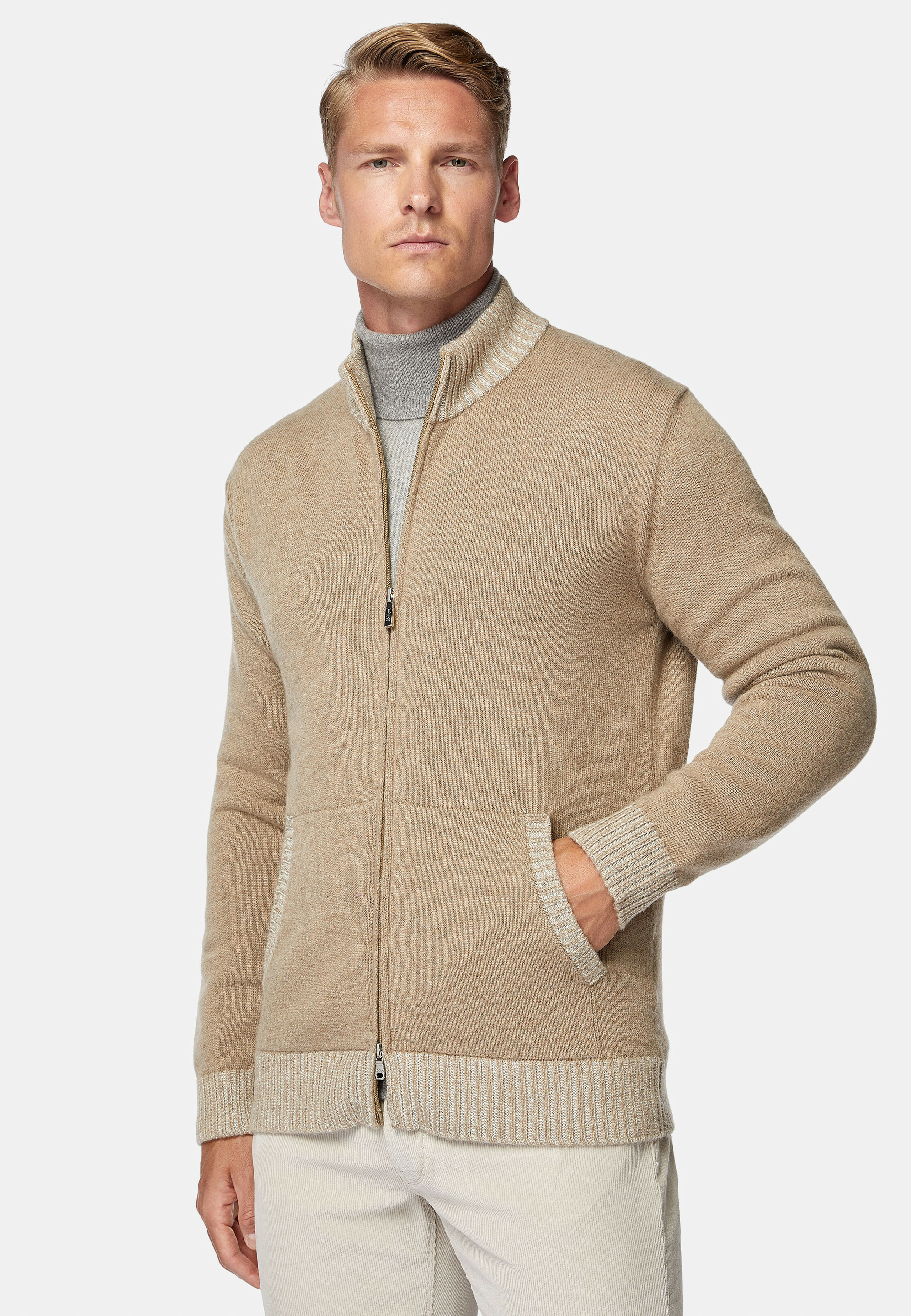 Pull Full Zip Taupe en Cachemire Mélangé