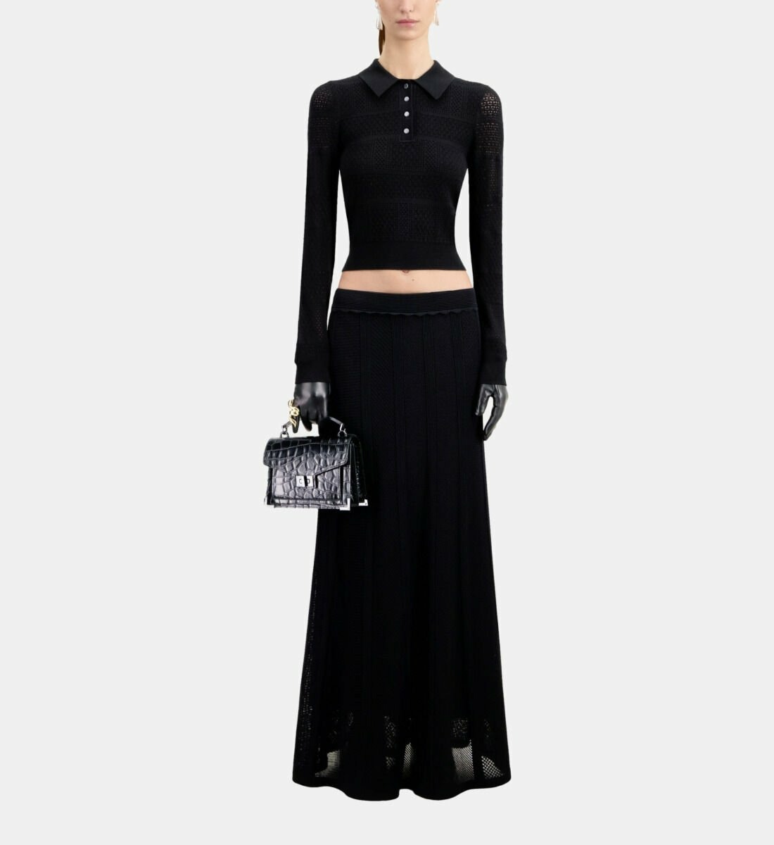 Polo Noir En Maille Ajourée Femme