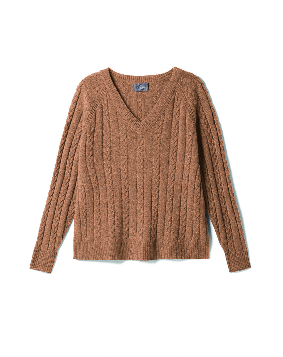 Pull V à torsades - Femme - CARAMEL