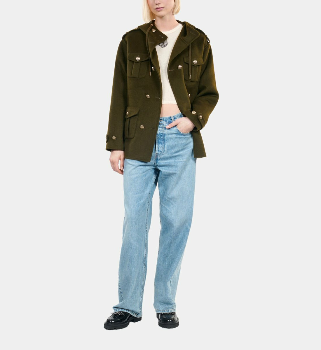 Blouson Style Officier En Laine Mélangée Kaki Femme