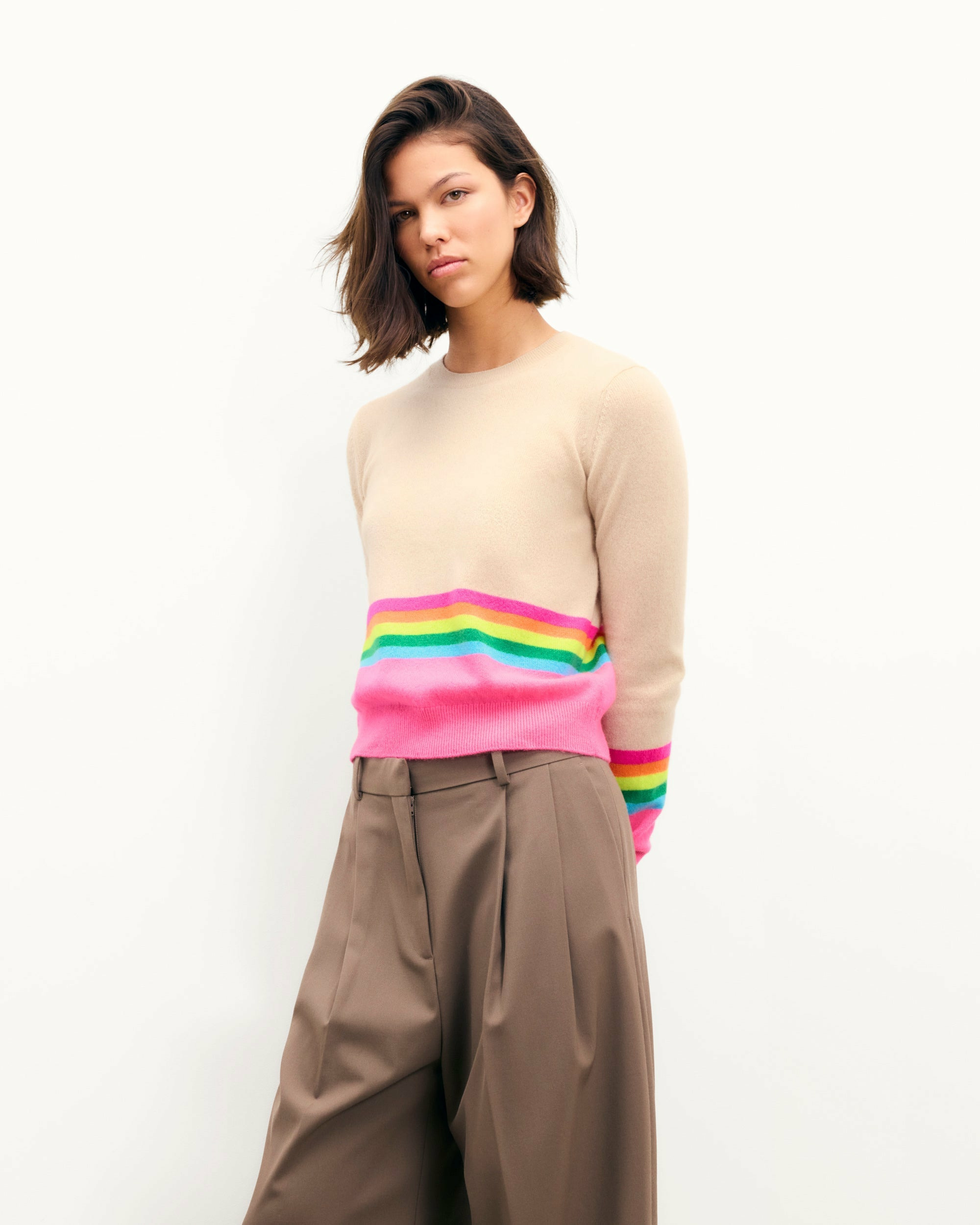 Pull Col Rond Bas à Bandes Multicolores