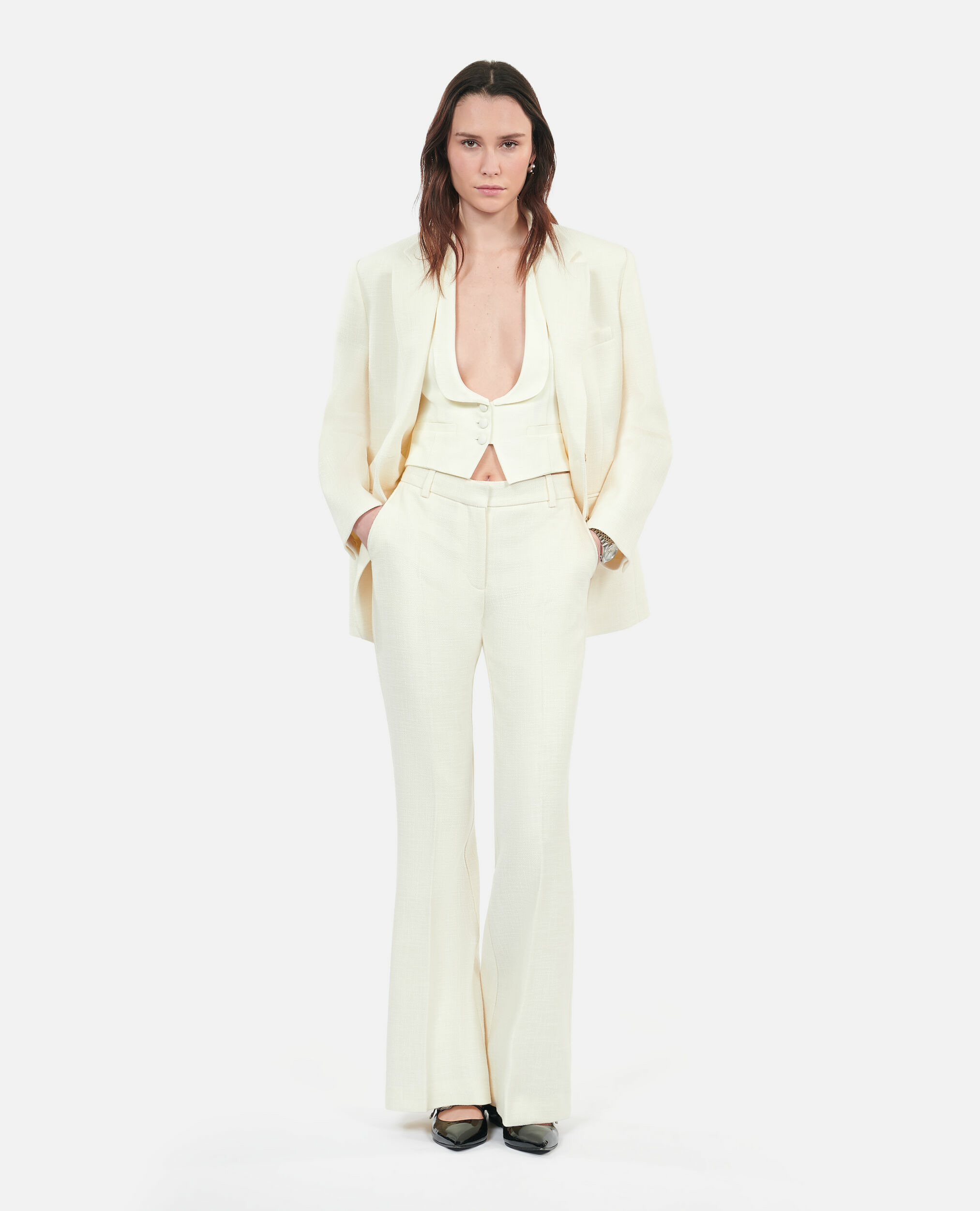 Pantalon Tailleur Écru Flare En Laine Et Coton Femme