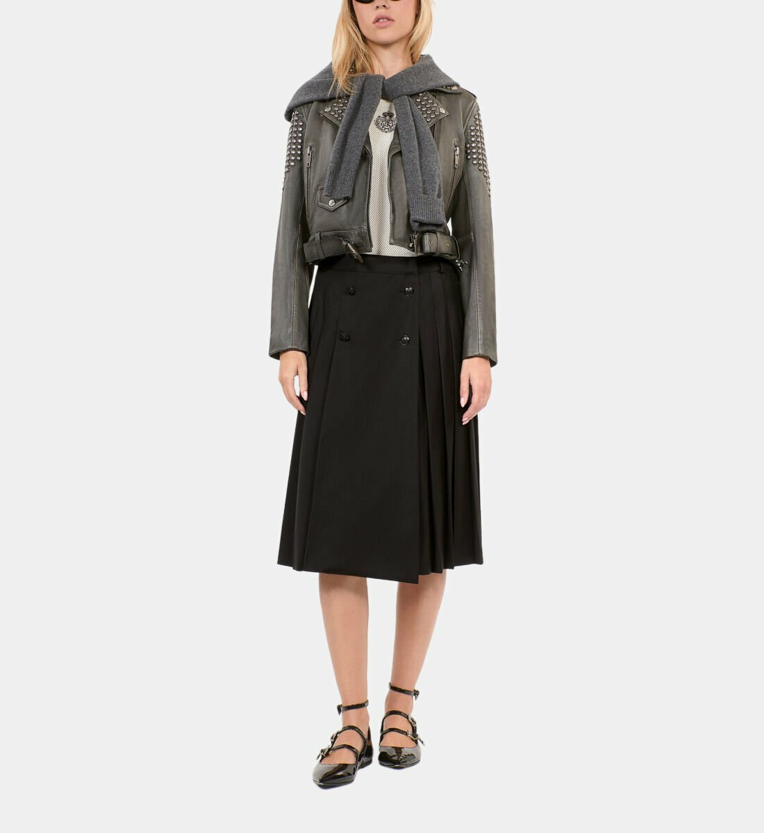 Blouson Clouté En Cuir Noir Femme