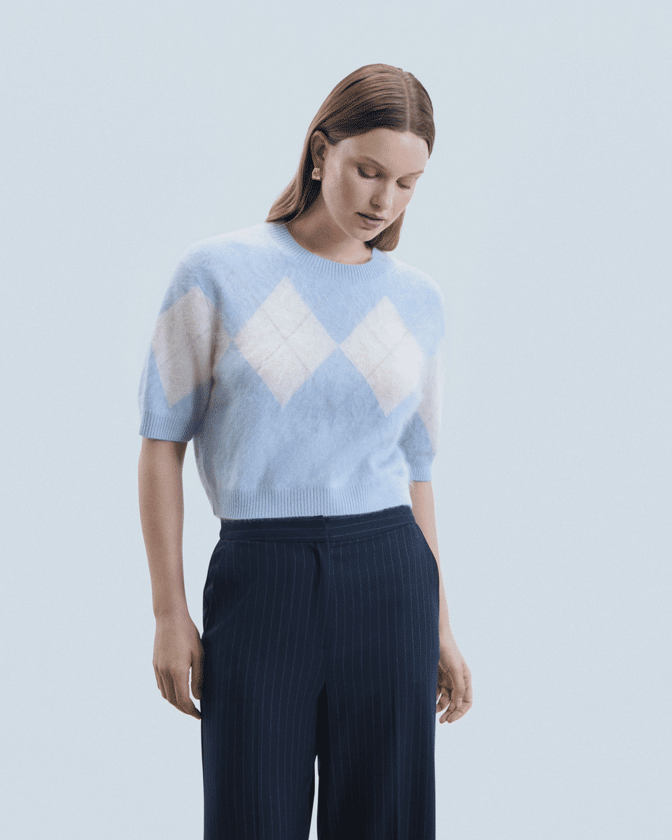 Pull Col Rond en Cachemire Brossé à Motif Losange