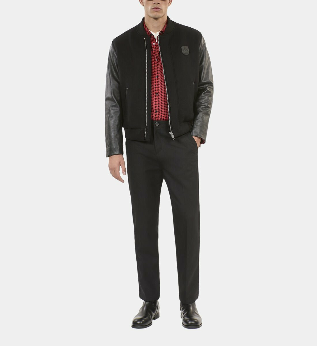 Blouson En Laine Double Face Et Cuir Noir Homme