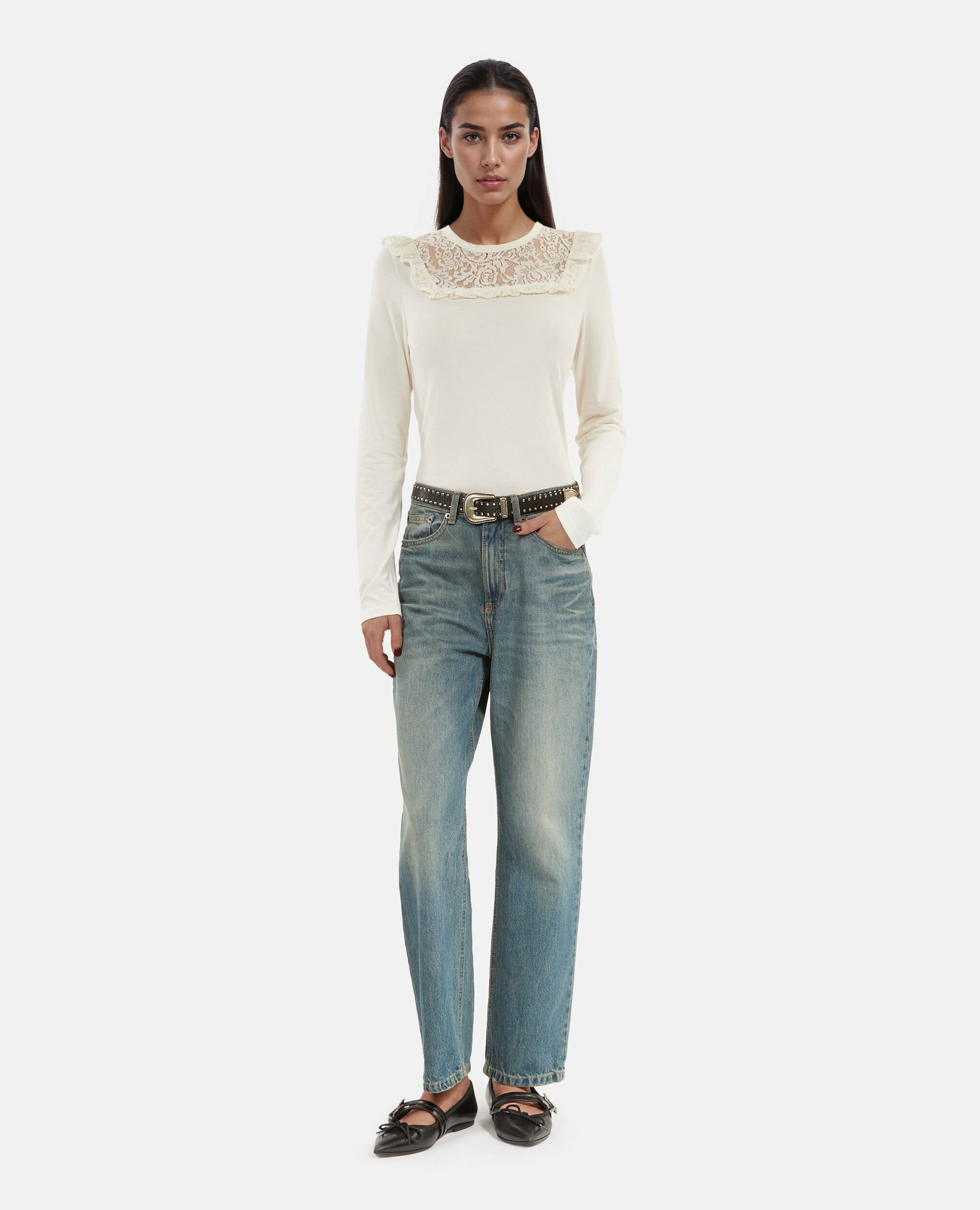 Tee-Shirt A Manches Longues Empiecement Dentelle