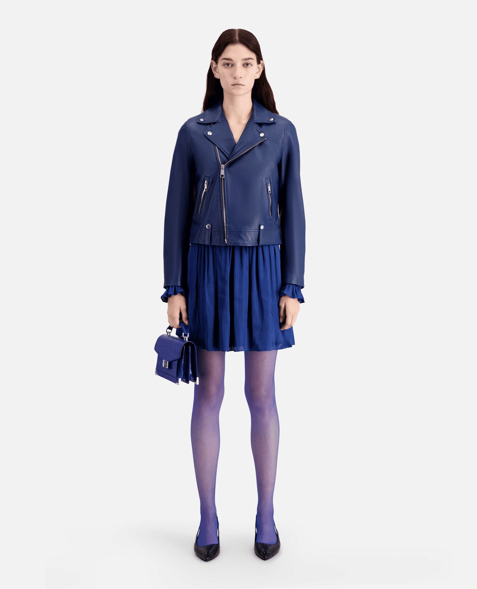 Blouson Perfecto En Cuir Bleu Femme