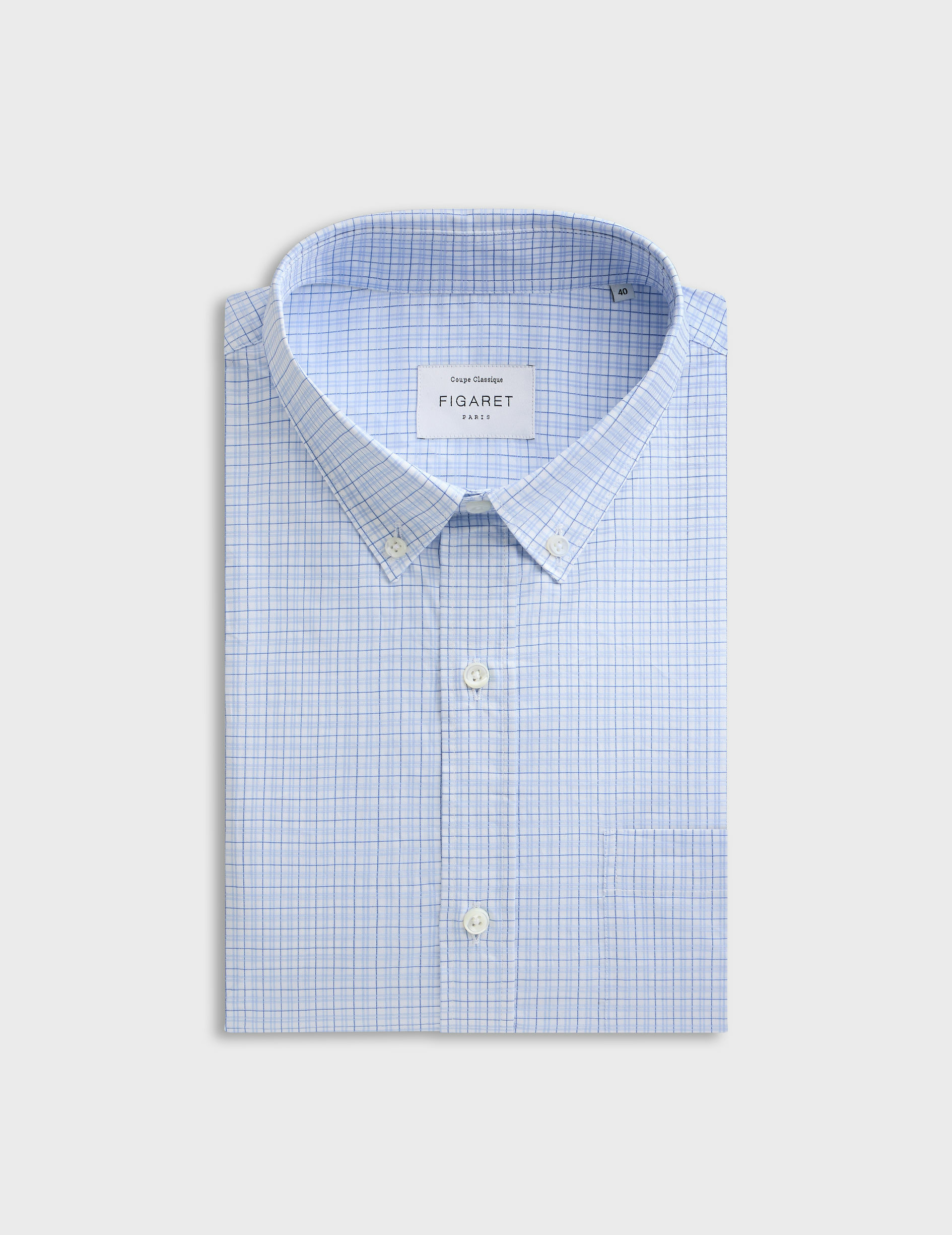 Chemise col américain avec poche poitrine en twill de coton à carreaux bleu
