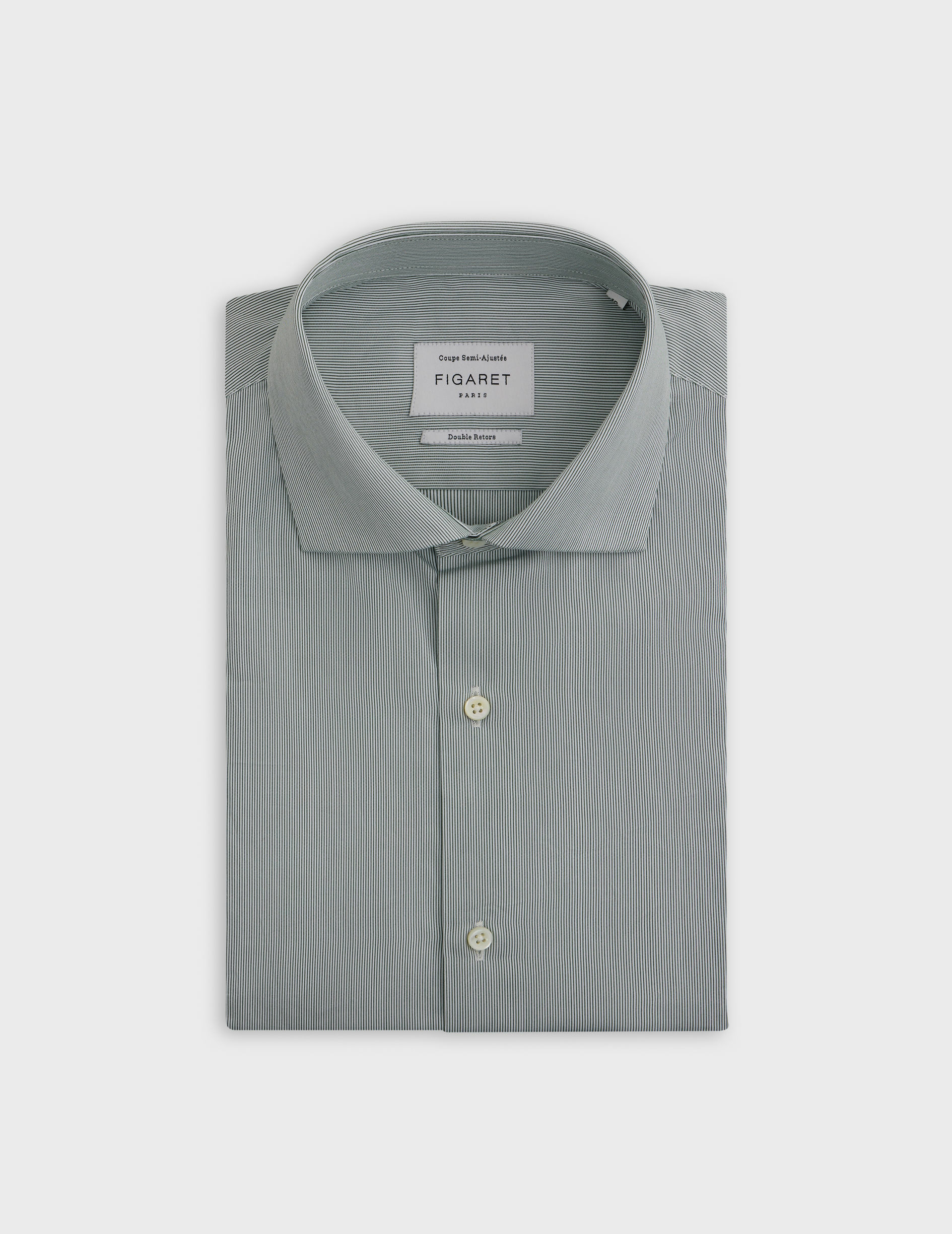 Chemise col italien avec poignets mousquetaires en popeline rayée vert