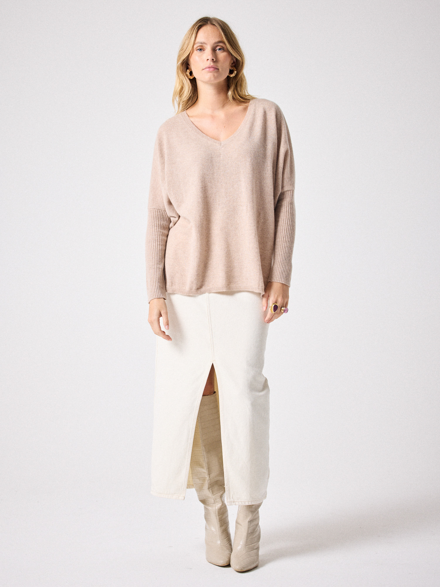 Pull poncho cachemire col V Faustine TERRE_FUMEE