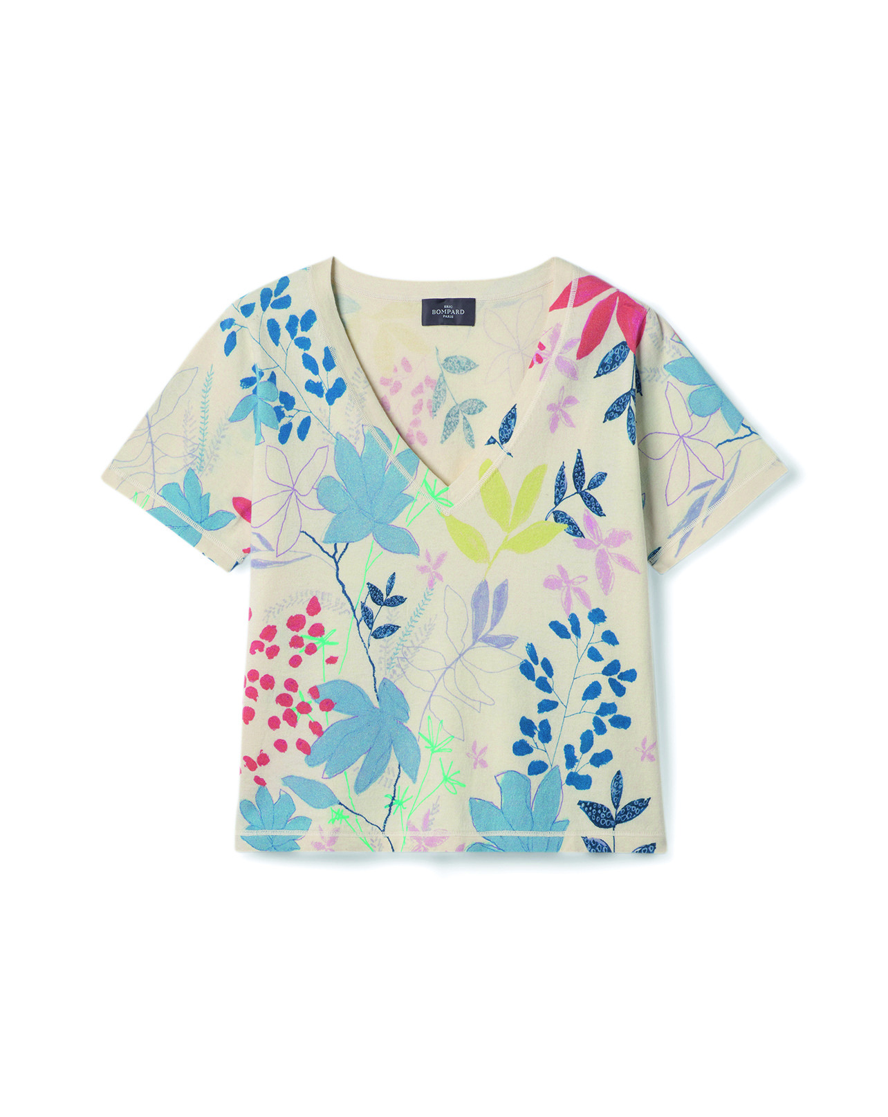 T-shirt col V imprimé floral - Femme - NATUREL