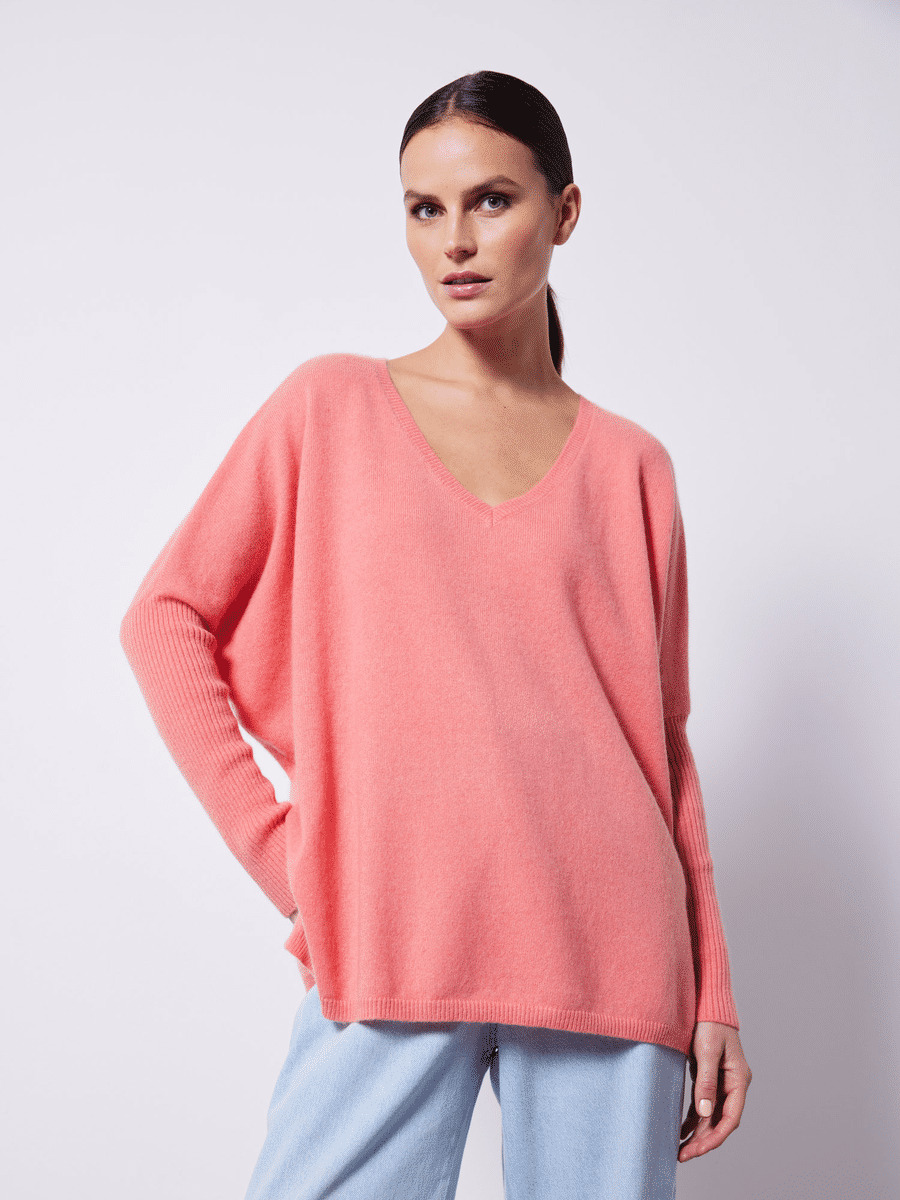 Pull poncho cachemire col V Faustine WATERMELON