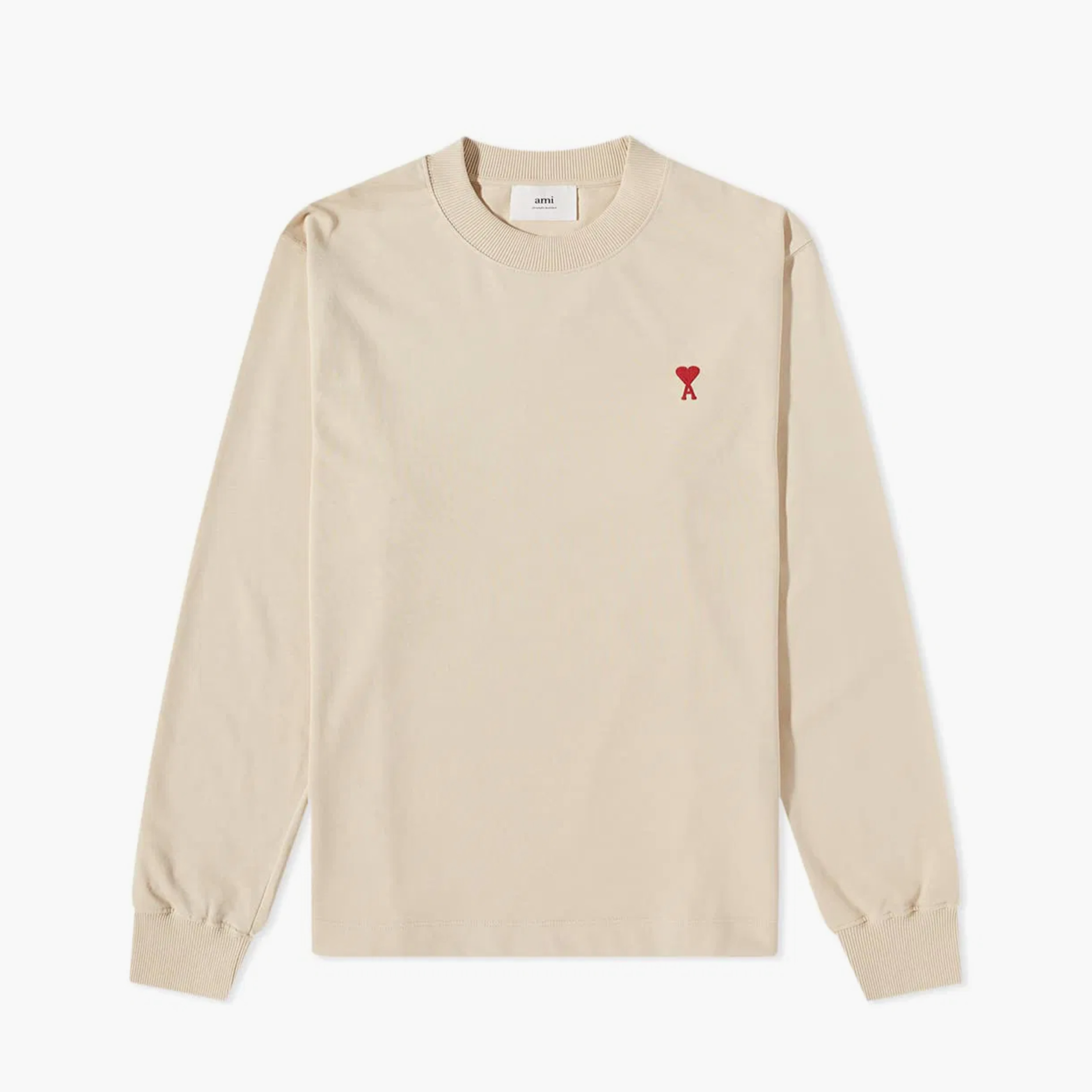 Ami Paris T-Shirt Manches Longues Coeur Rouge Beige