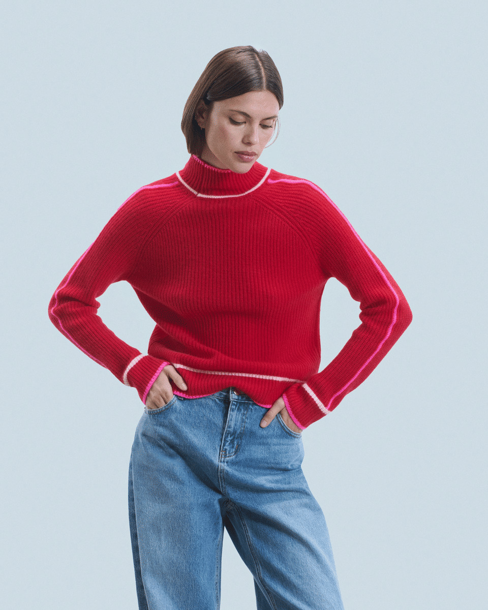 Pull Col Montant Tricolore Maille Perlée