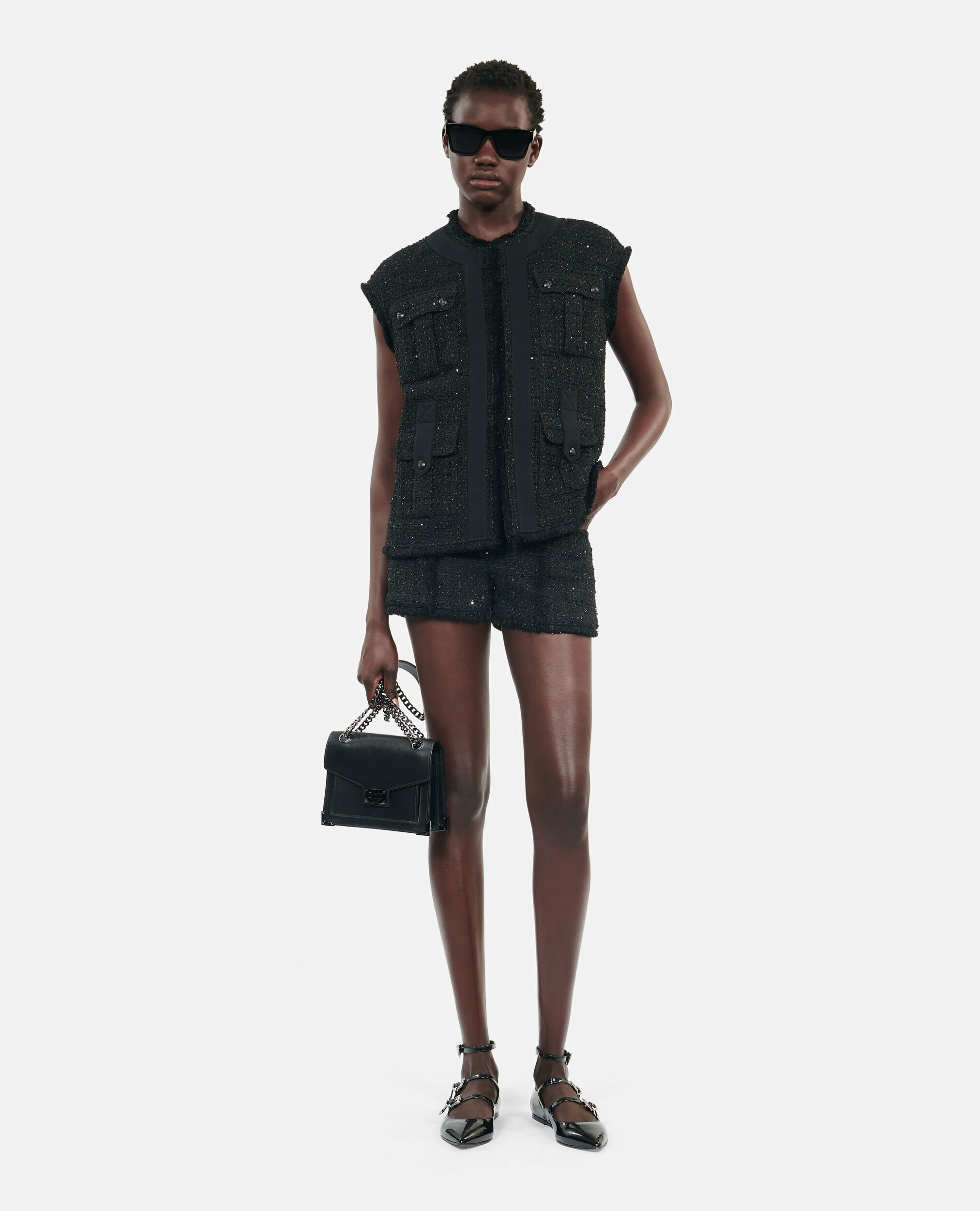 Black Tweed Sleeveless Jacket Femme