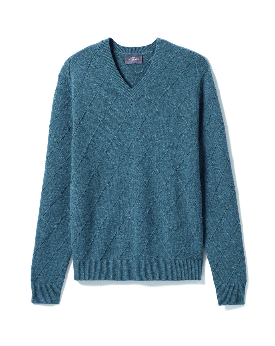 Pull V losanges textures - Homme - BLEU MINERAL