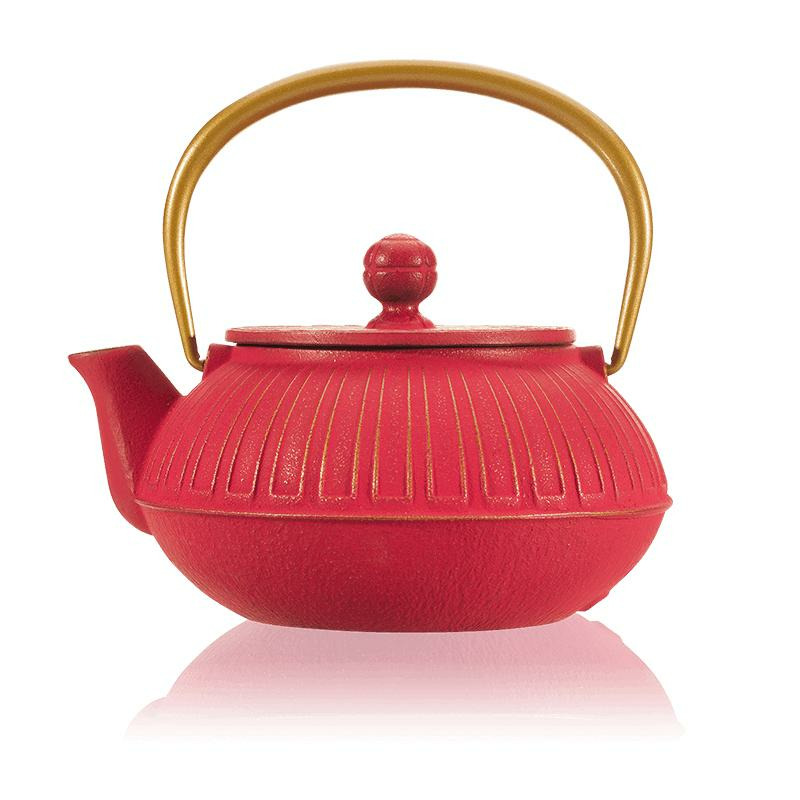 Théière fonte 0,65L Kiku rouge dorée Anse dorée