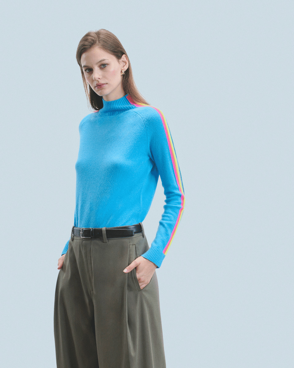 Pull Col Montant Bandes Manches Multicolores Léger