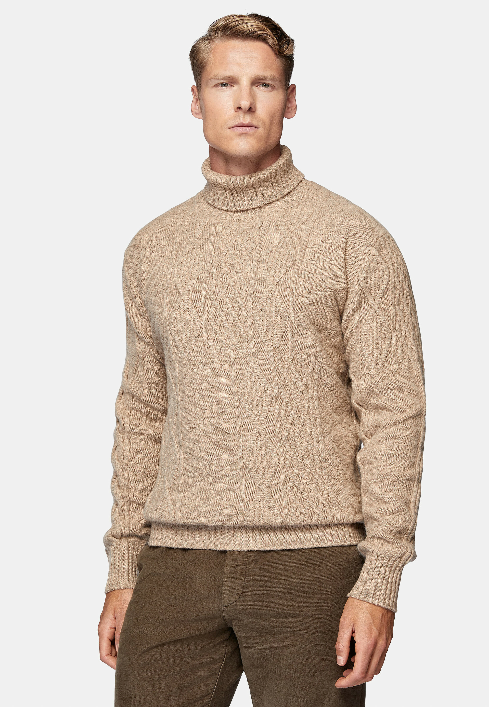 Pull Col Roulé Sable Mélange De Points En Laine Mérinos