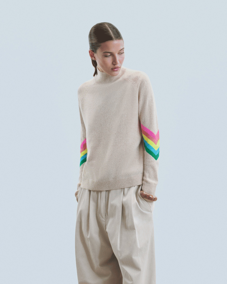 Pull Col Montant Bandes Manches Multicolore Léger