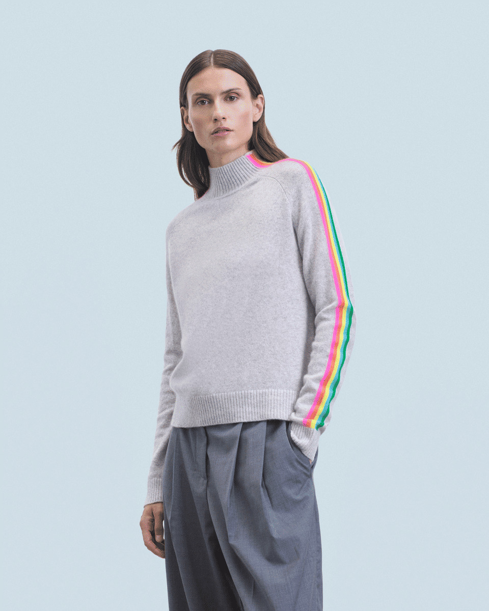 Pull Col Montant Bandes Manches Multicolores Léger