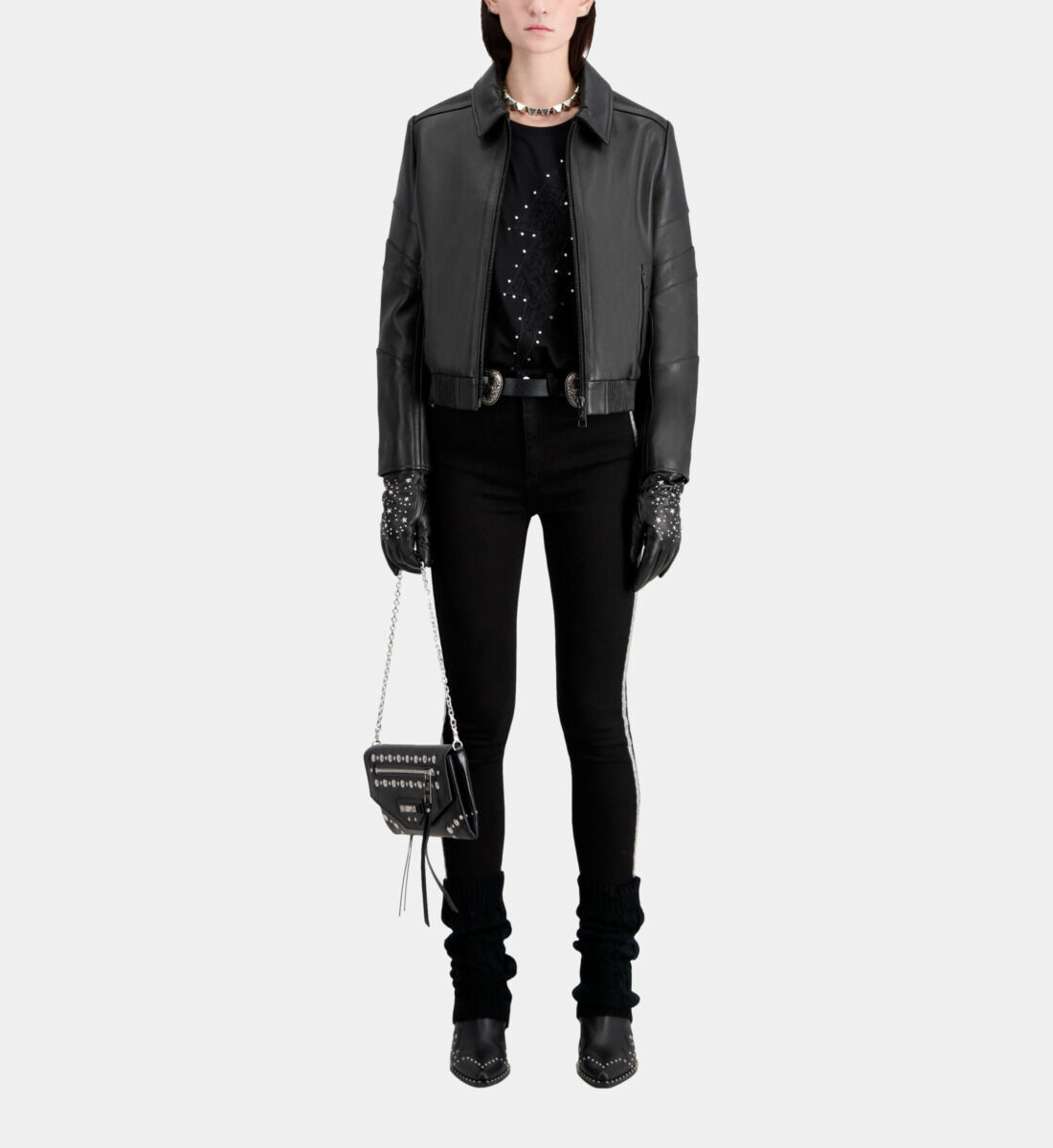 Blouson Biker En Cuir Noir Femme