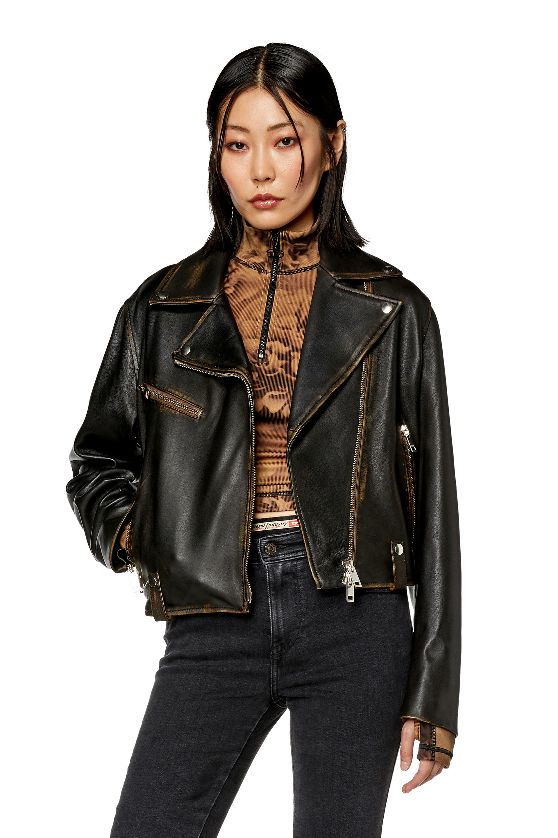 Veste biker en cuir foulonné