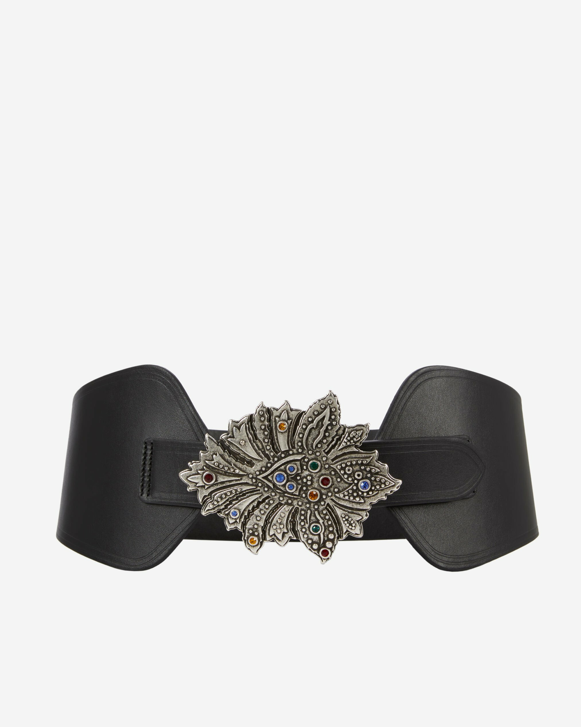 Ceinture Large En Cuir Noir Avec Boucle Fleur