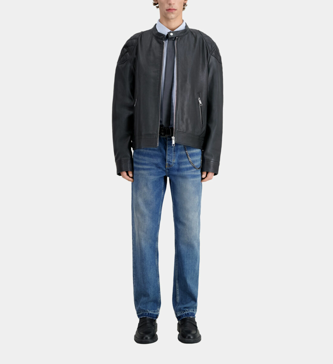 Blouson En Cuir Noir Avec Détails Matelassés Homme