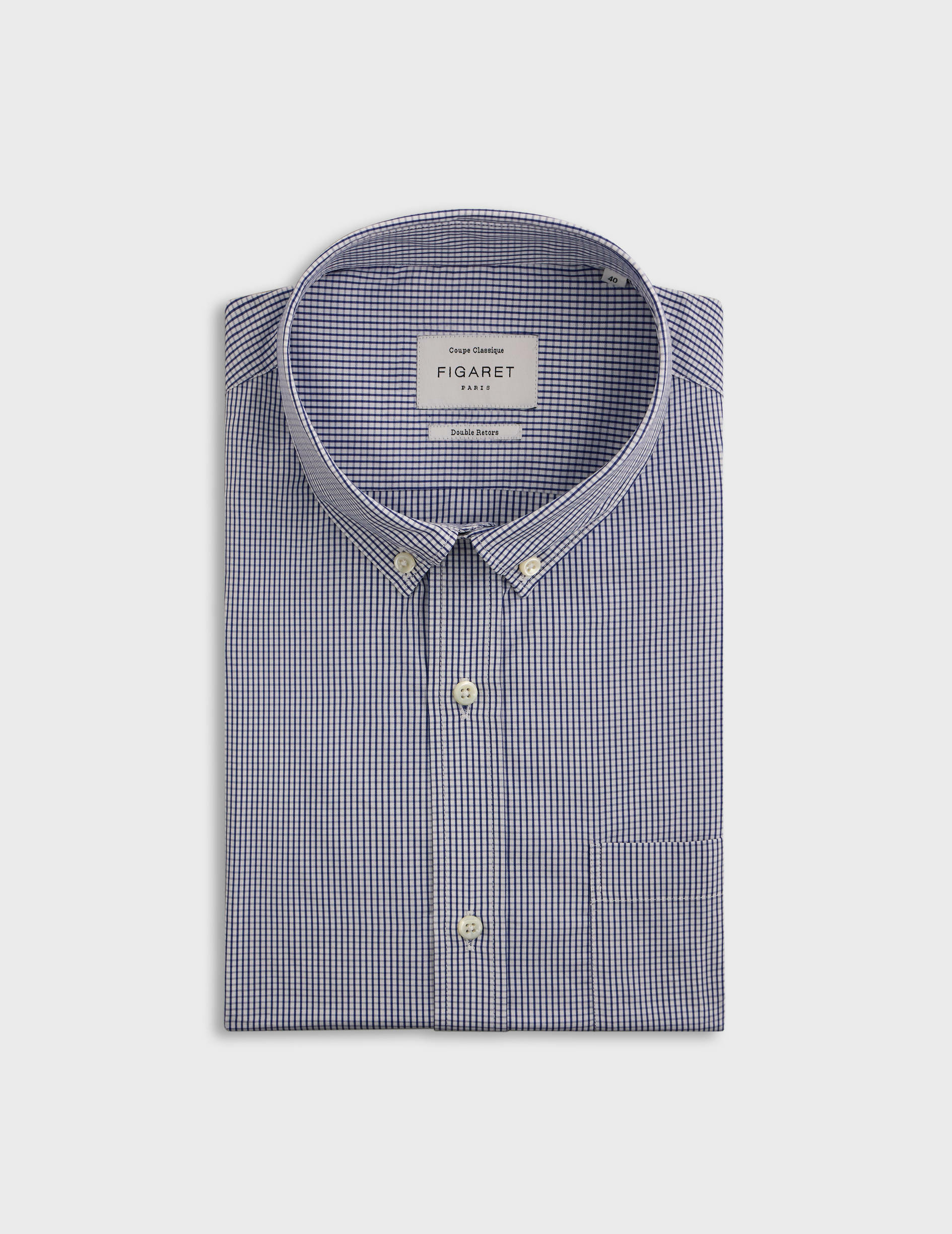 Chemise col américain avec poche poitrine en popeline à carreaux bleu
